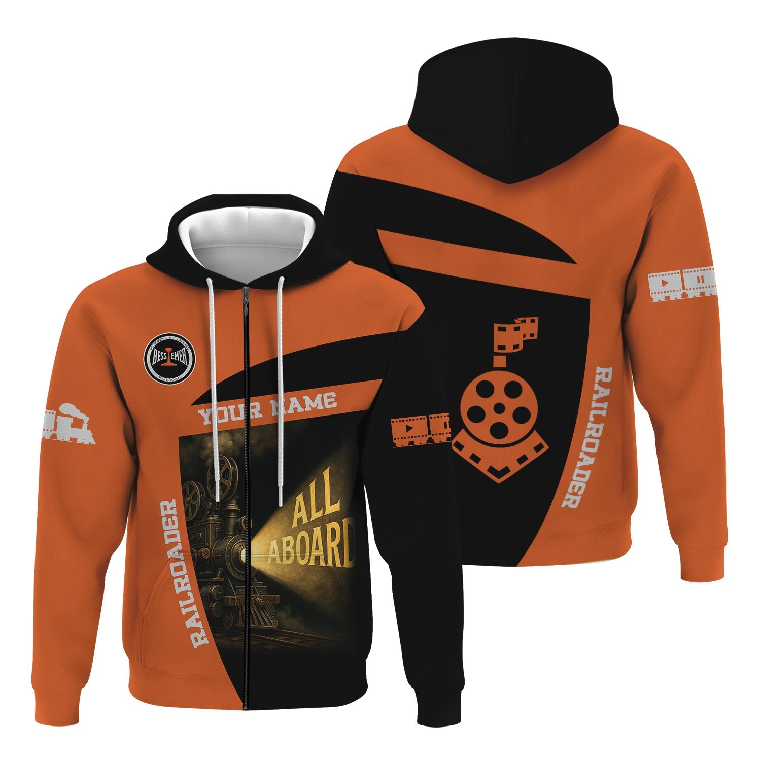 Railspirit Personalized Bessemer And Lake Erie Railroad Hoodie All Aboard Steam Train Movie Projector Style Zip Up Hoodie