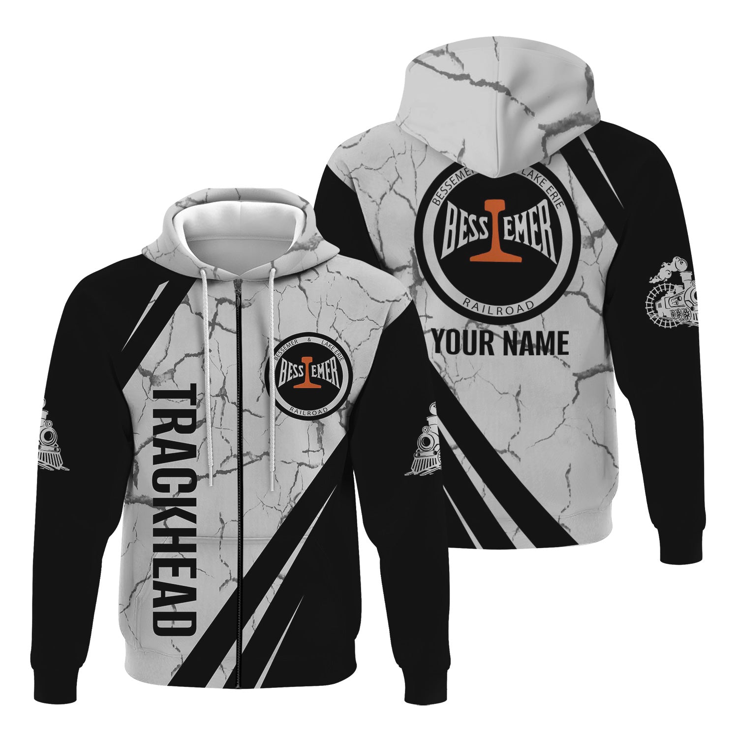 Railspirit Personalized Bessemer And Lake Erie Railroad Hoodie Crackle Texture Style Train Zip Up Hoodie For Trackhead