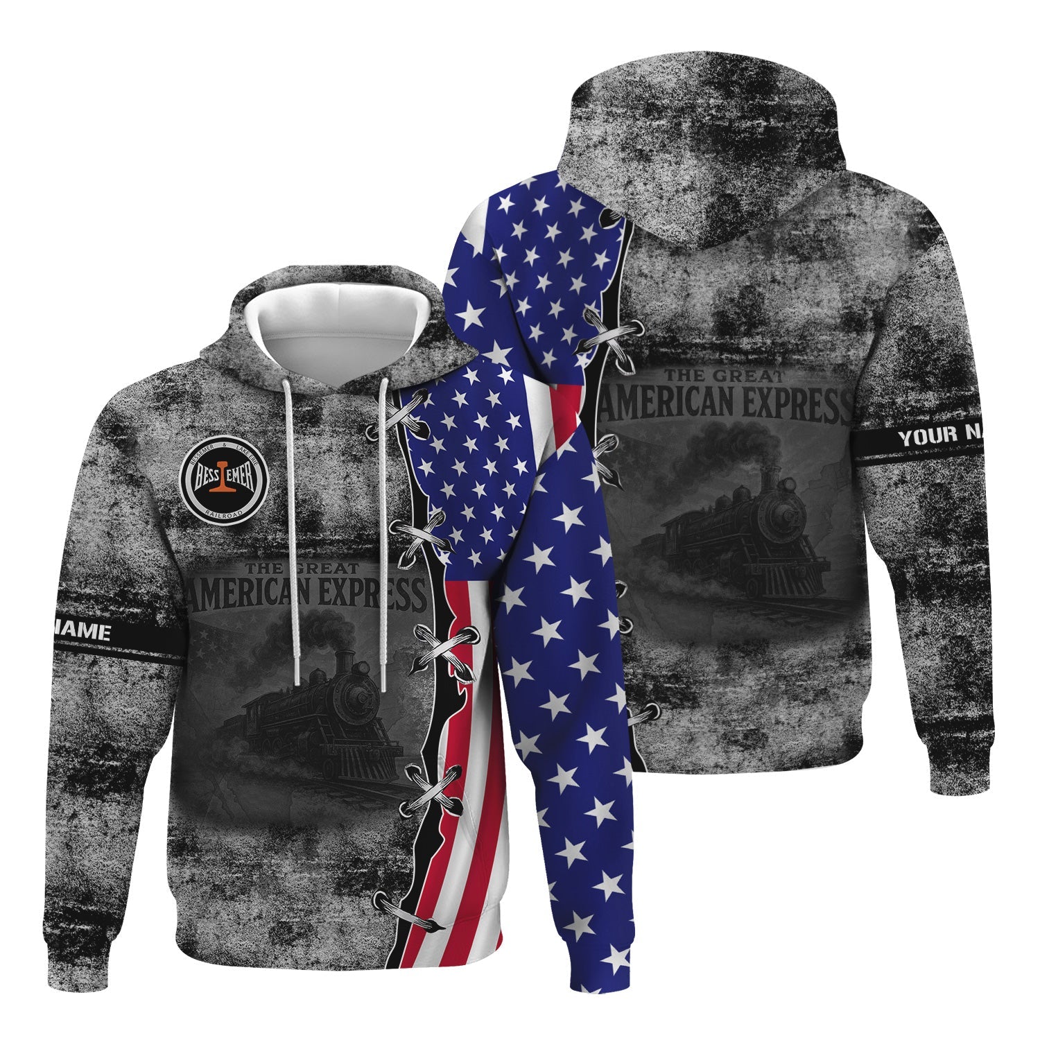Railspirit Personalized Bessemer And Lake Erie Railroad Hoodie Retro American Express Train With USA Flag Zip Up Hoodie