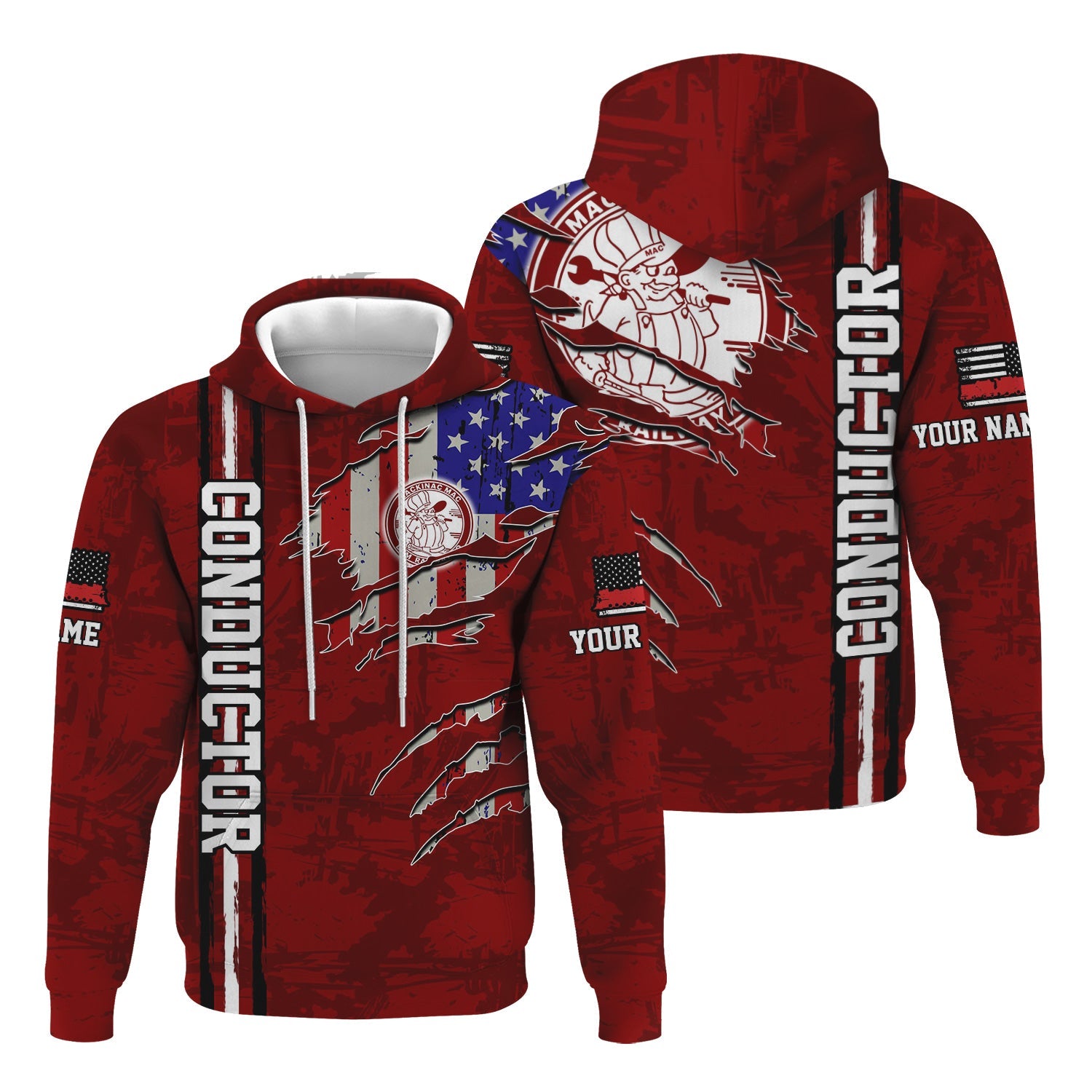 Railspirit Personalized Detroit & Mackinac Railroad Hoodie USA Flag Claw Art with Custom Job Train Zip Up Hoodie