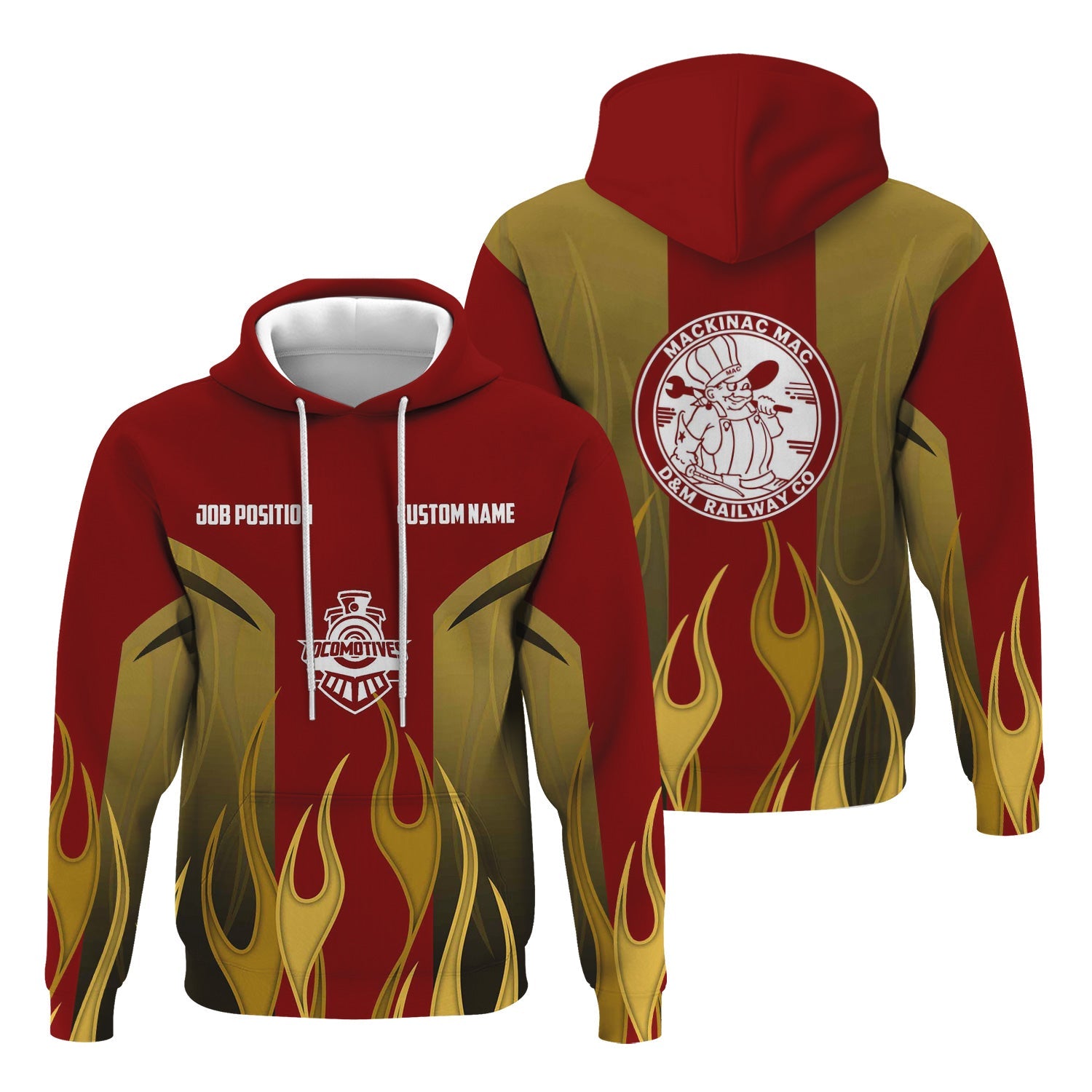 Railspirit Custom Name and Job Title Detroit & Mackinac Railroad Hoodie Flame Graphic Train Zip Up Hoodie