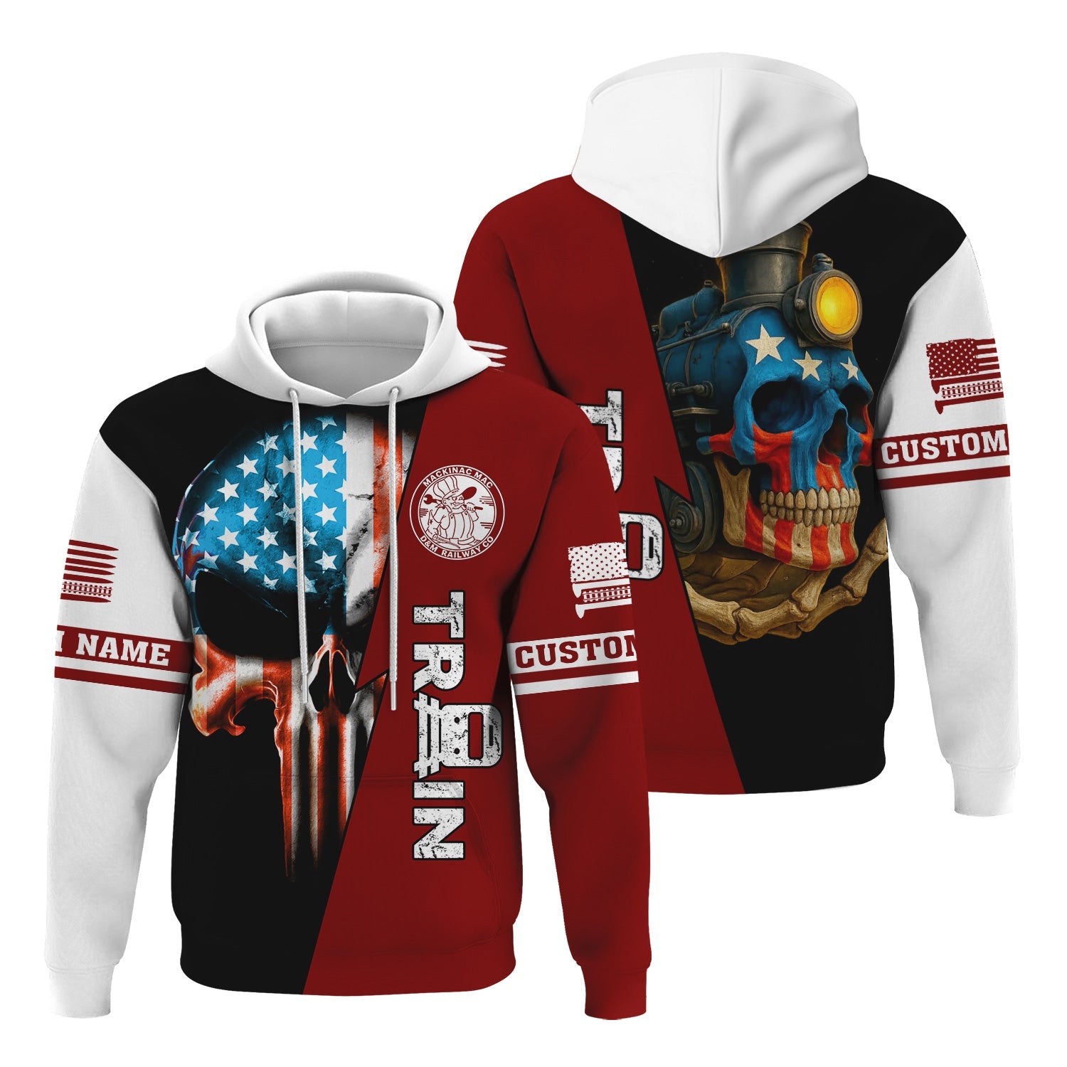 Railspirit Personalized Detroit & Mackinac Railroad Hoodie Train Skull American Flag Zip Up Hoodie All Over Print
