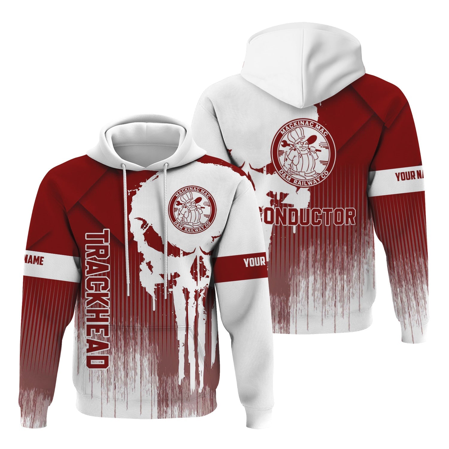 Railspirit Personalized Detroit & Mackinac Railroad Hoodie Skull Design with Custom Job Train Zip Up Hoodie for Trackhead Crew