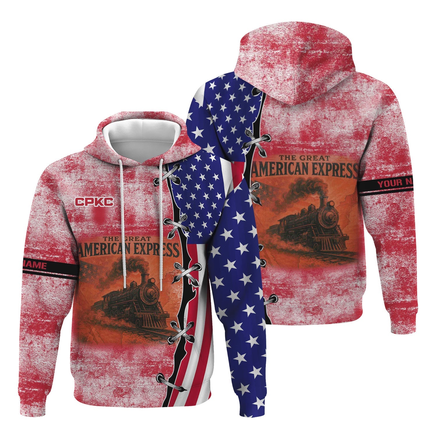 Railspirit Personalized Canadian Pacific Kansas City Hoodie Retro American Express Train With USA Flag CPKC Zip Up Hoodie