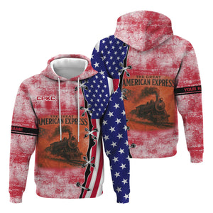 Railspirit Personalized Canadian Pacific Kansas City Hoodie Retro American Express Train With USA Flag CPKC Zip Up Hoodie