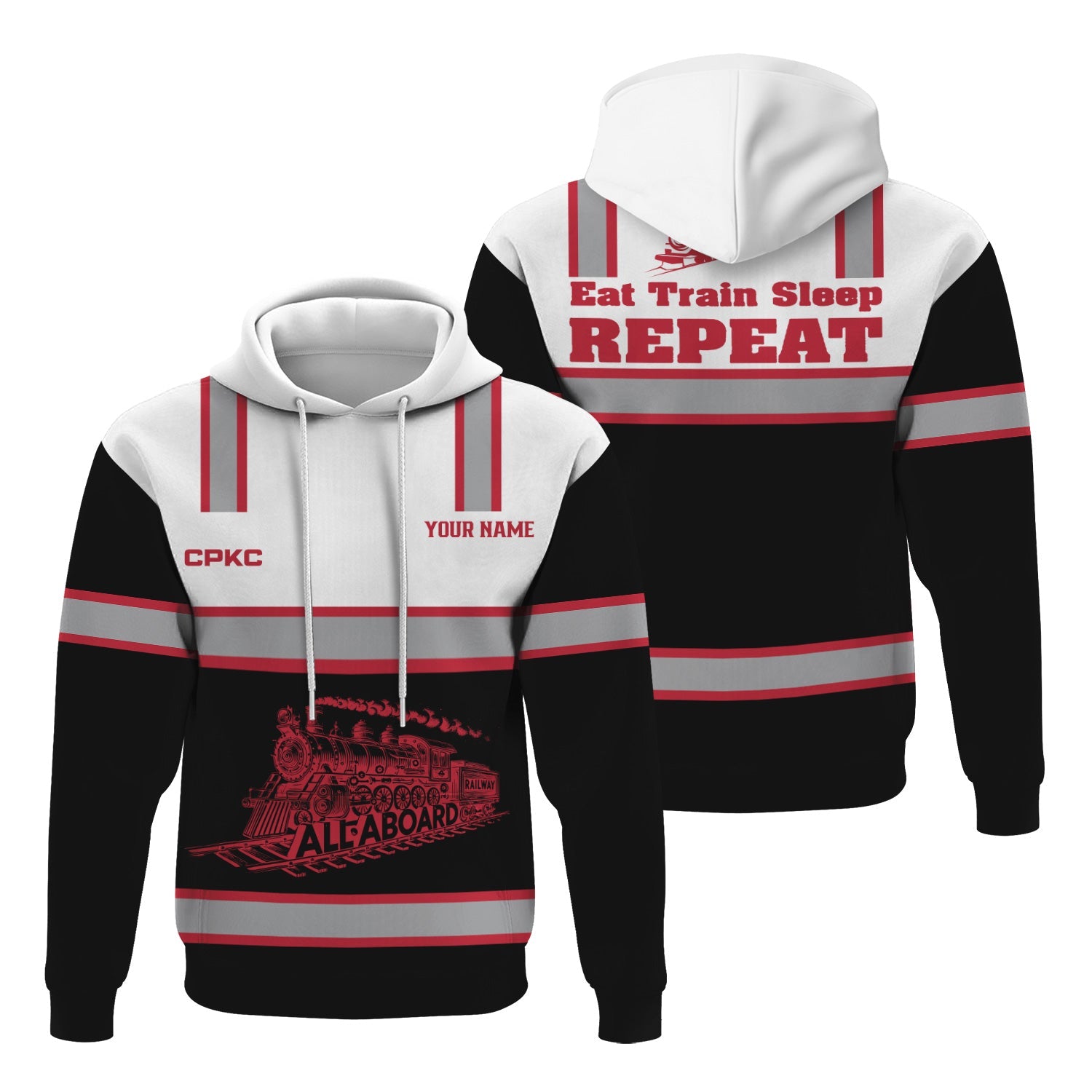 Railspirit Custom Name Canadian Pacific Kansas City Hoodie Eat Train Sleep Repeat CPKC Printed Train Zip Hoodie