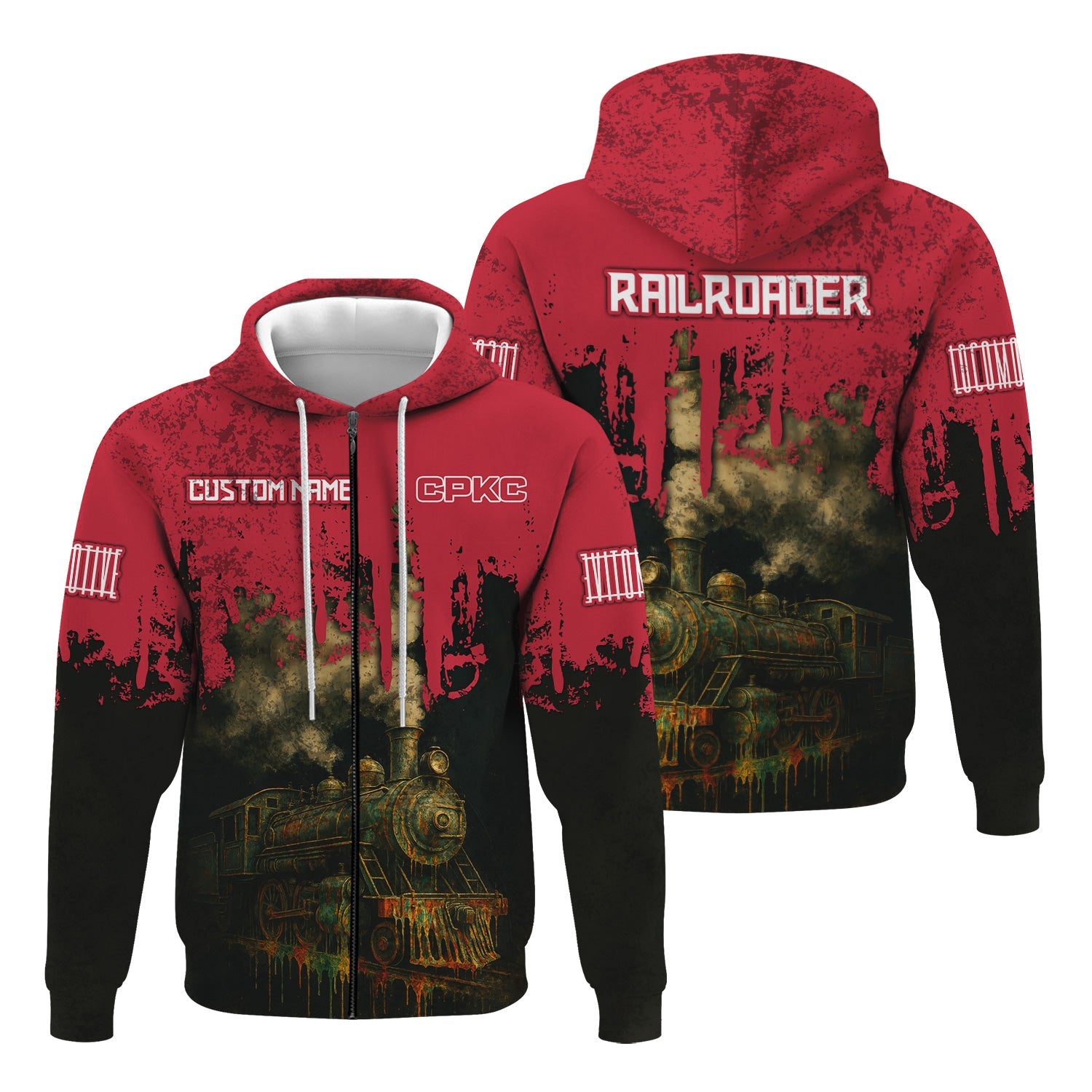 Railspirit Personalized Canadian Pacific Kansas City Hoodie Vintage Train Art Style CPKC Zip Up Hoodie For Locomotive Fans