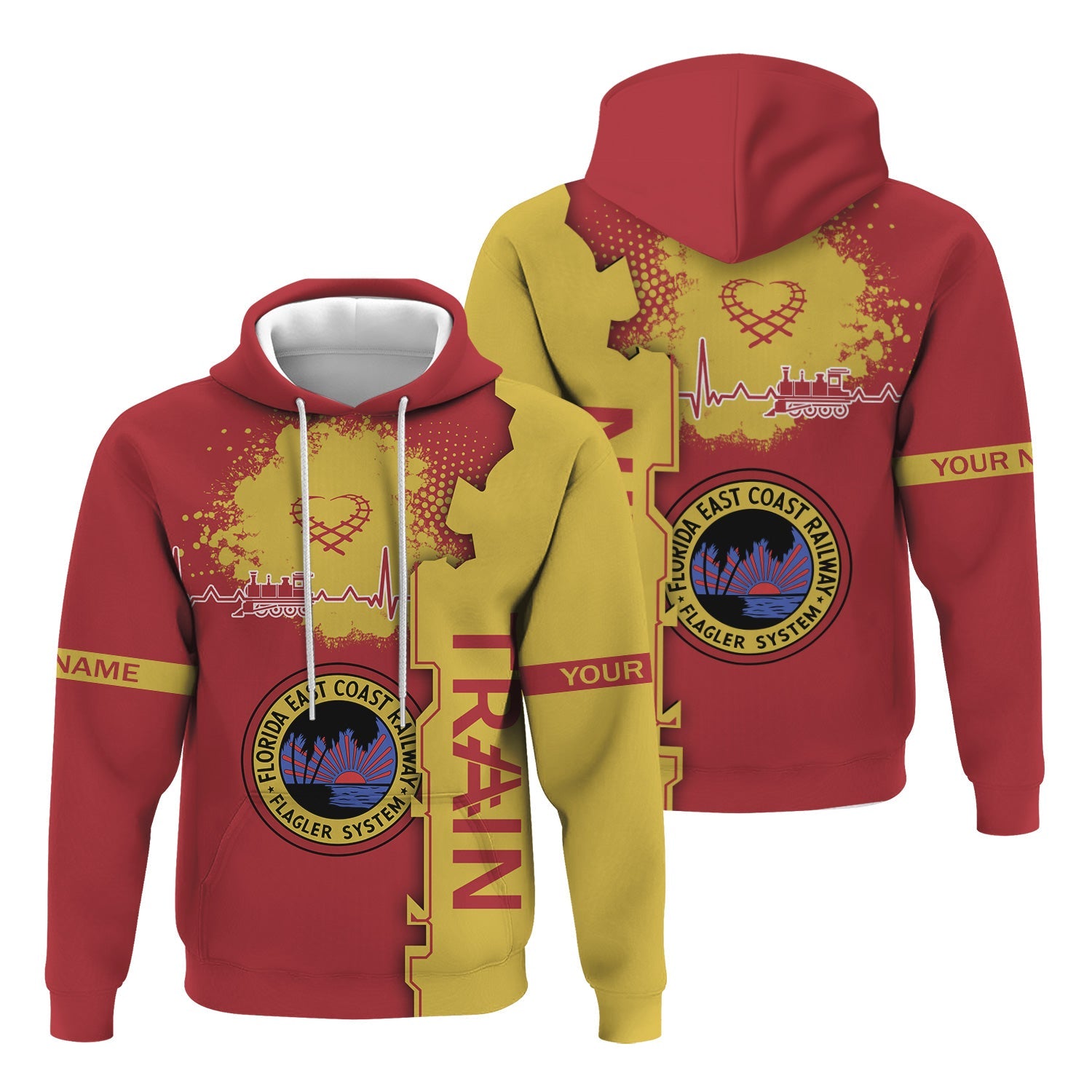 Railspirit Personalized Florida East Coast Railway Hoodie Engine Heartbeat and Track Love Style Zip Up Hoodie Gift Idea For Train Lovers