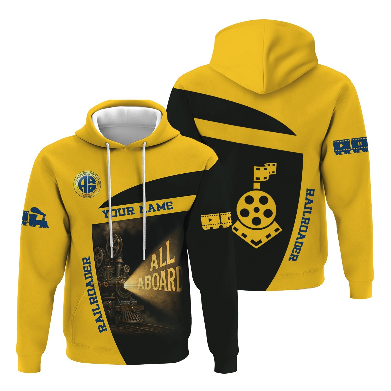 Railspirit Personalized Alaska Railroad Hoodie All Aboard Steam Train Movie Projector Style Zip Up Hoodie