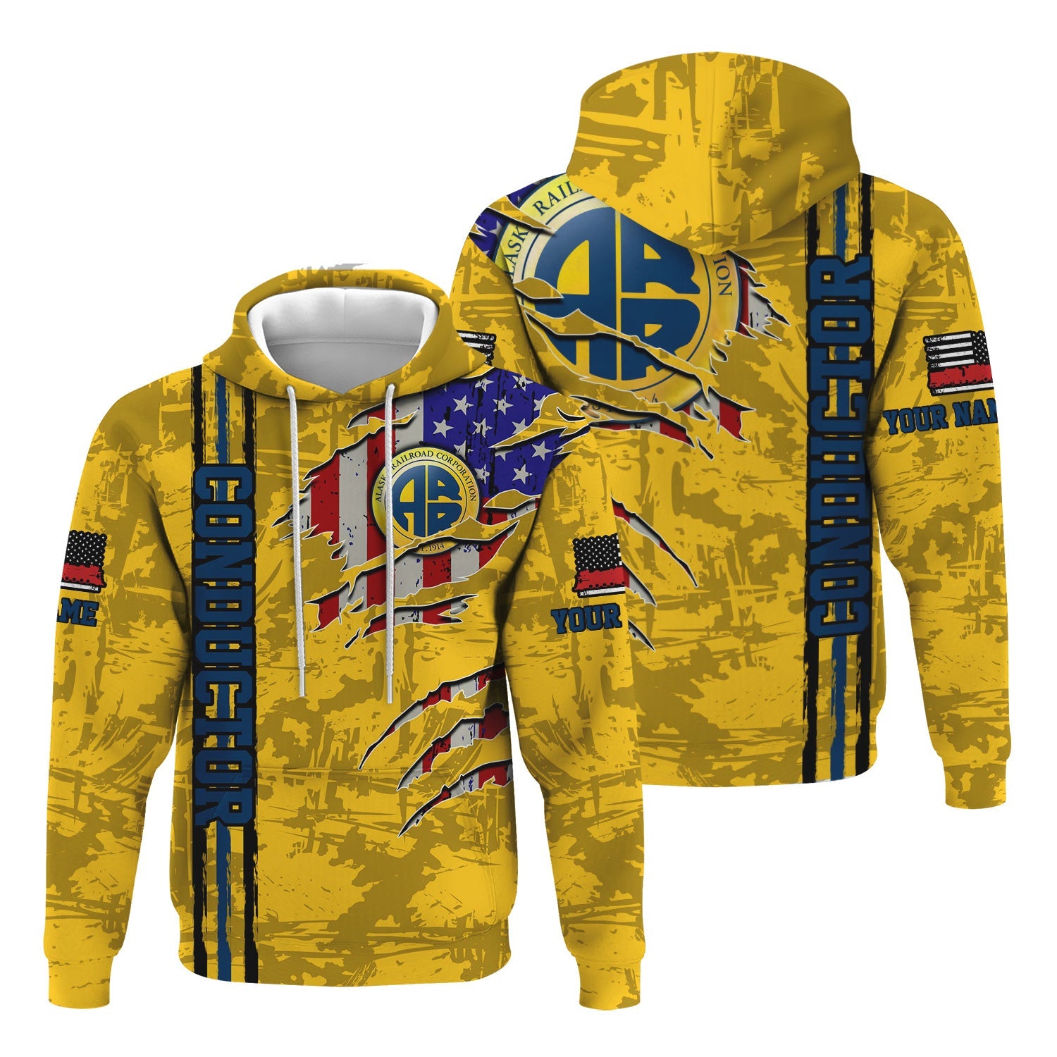 Railspirit Personalized Alaska Railroad Hoodie USA Flag Claw Art with Custom Job Train Zip Up Hoodie