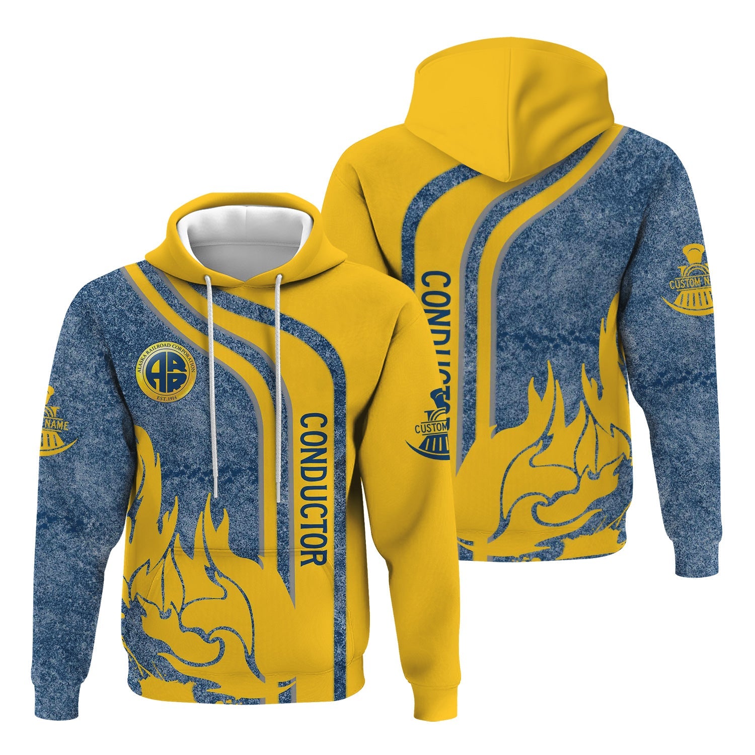 Railspirit Personalized Alaska Railroad Hoodie Flame Design with Custom Job Position Train Zip Up Hoodie