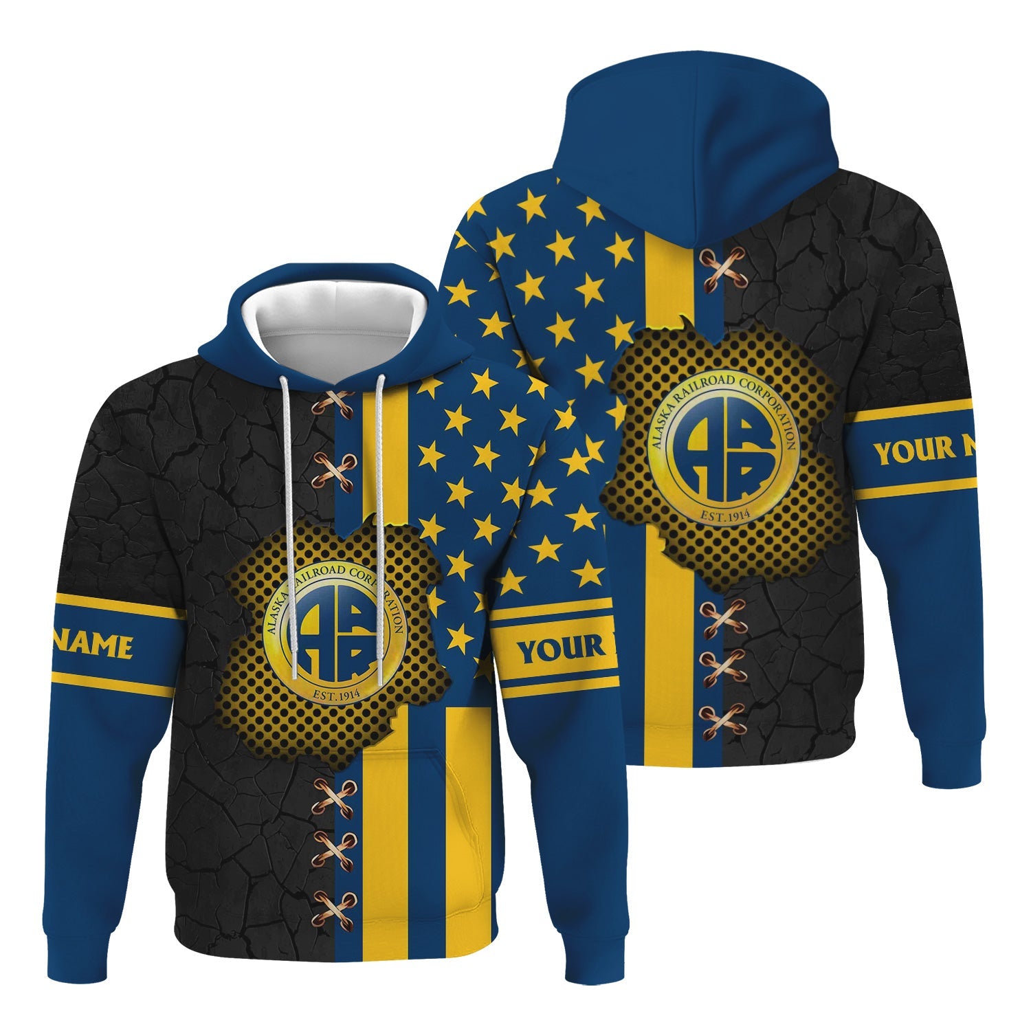 Railspirit Personalized Alaska Railroad Hoodie American Flag with Crack Effect Train Zip Up Hoodie
