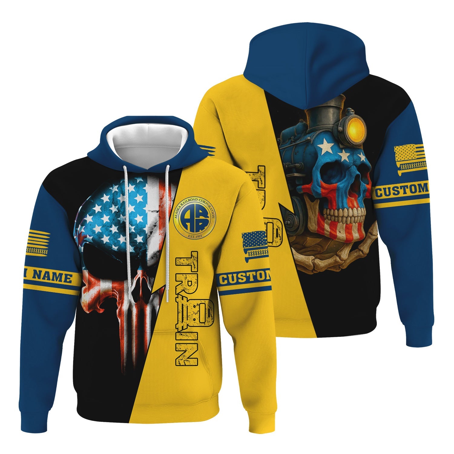Railspirit Personalized Alaska Railroad Hoodie Train Skull American Flag Zip Up Hoodie All Over Print