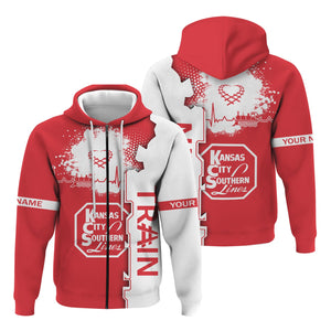 Railspirit Personalized Kansas City Southern Hoodie Engine Heartbeat and Track Love Style Zip Up Hoodie Gift Idea For Train Lovers