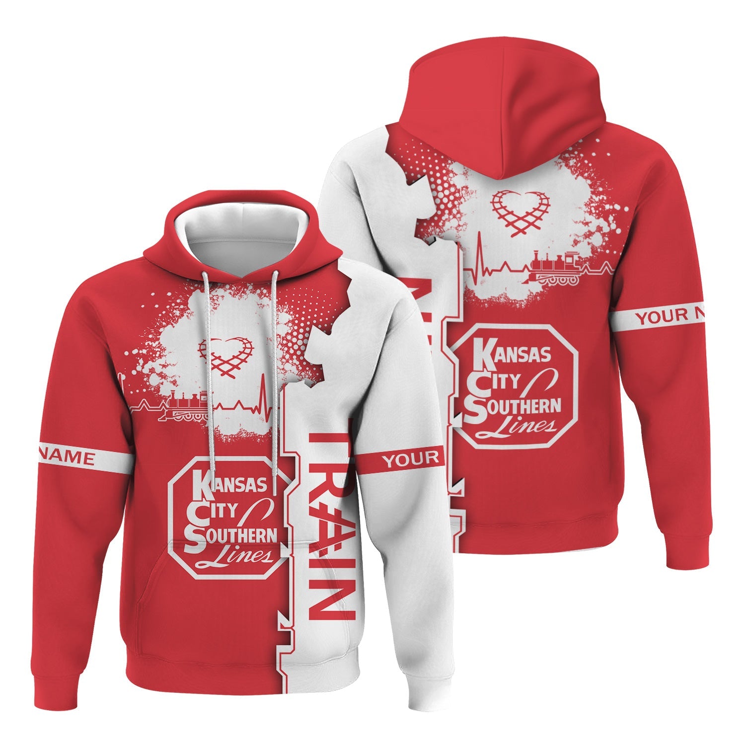 Railspirit Personalized Kansas City Southern Hoodie Engine Heartbeat and Track Love Style Zip Up Hoodie Gift Idea For Train Lovers
