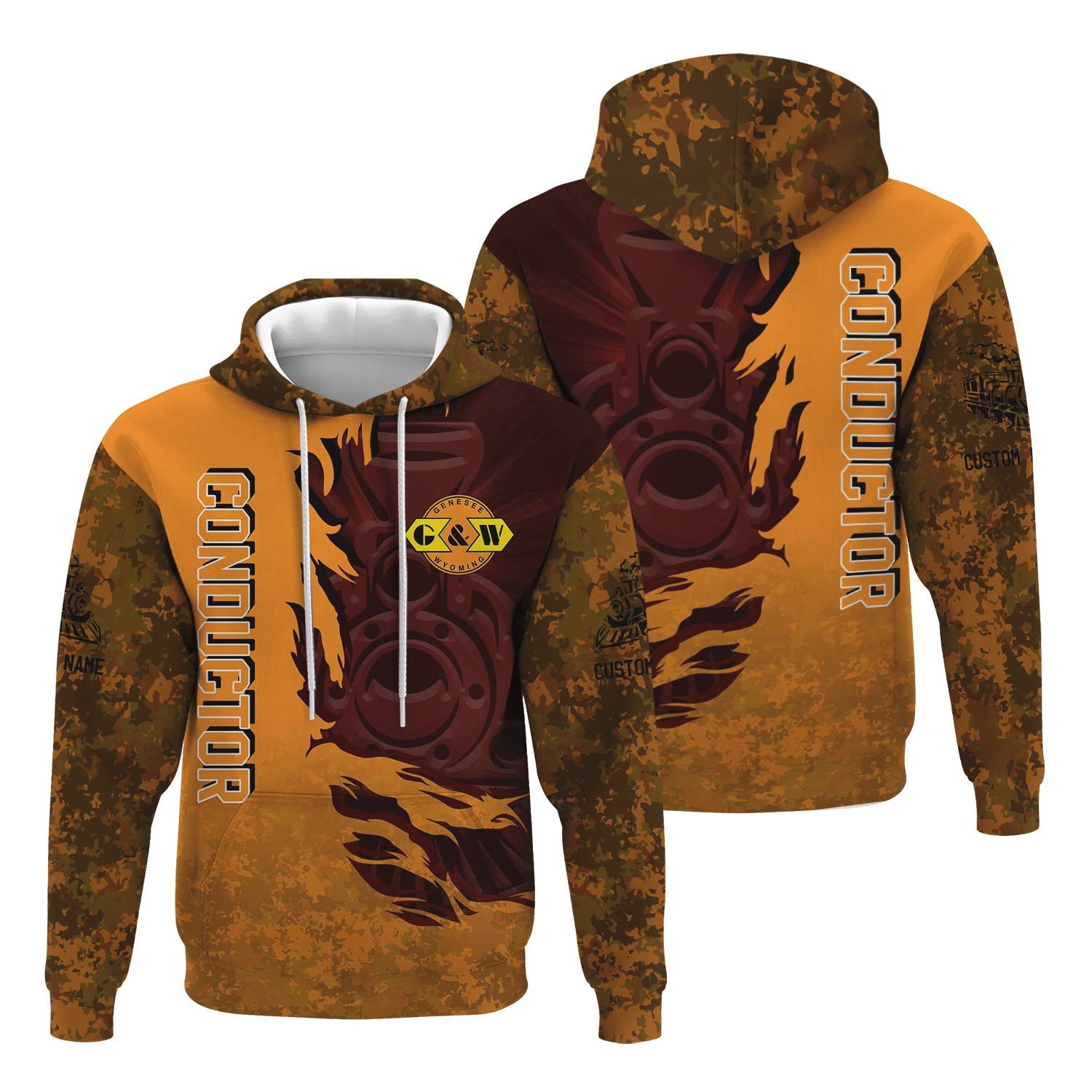 Railspirit Personalized Genesee & Wyoming Inc. Railroad Hoodie Blazing Style with Custom Position Train Zip Up Hoodie