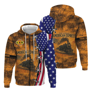 Railspirit Personalized Genesee & Wyoming Inc. Railroad Hoodie Retro American Express Train With USA Flag Zip Up Hoodie
