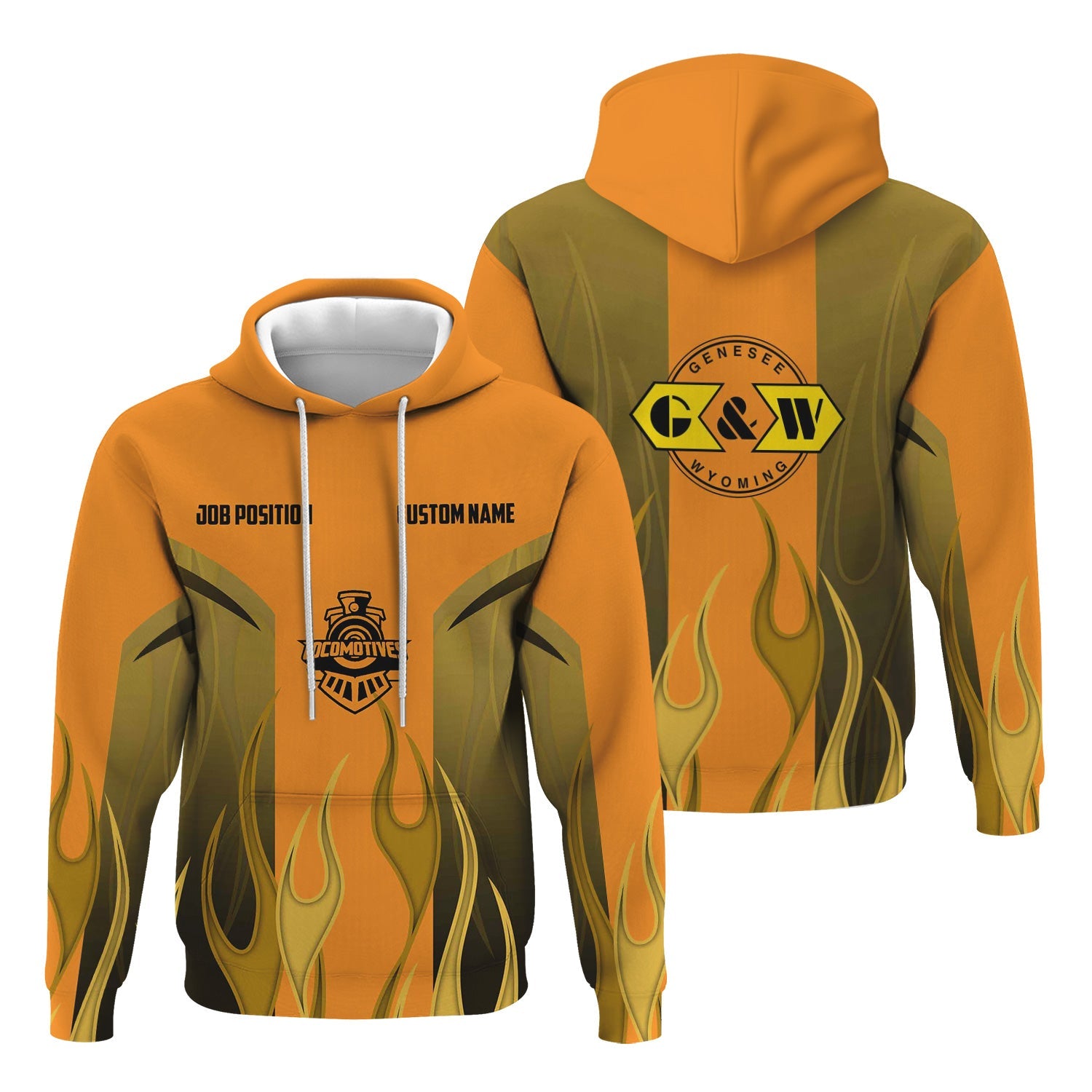 Railspirit Custom Name and Job Title Genesee & Wyoming Inc. Railroad Hoodie Flame Graphic Train Zip Up Hoodie