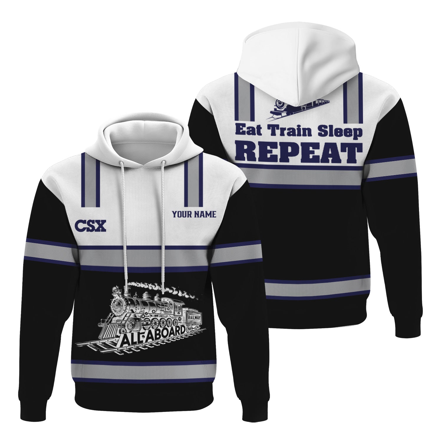 Railspirit Custom Name CSX Transportation Railroad Hoodie Eat Train Sleep Repeat Printed Train Zip Hoodie