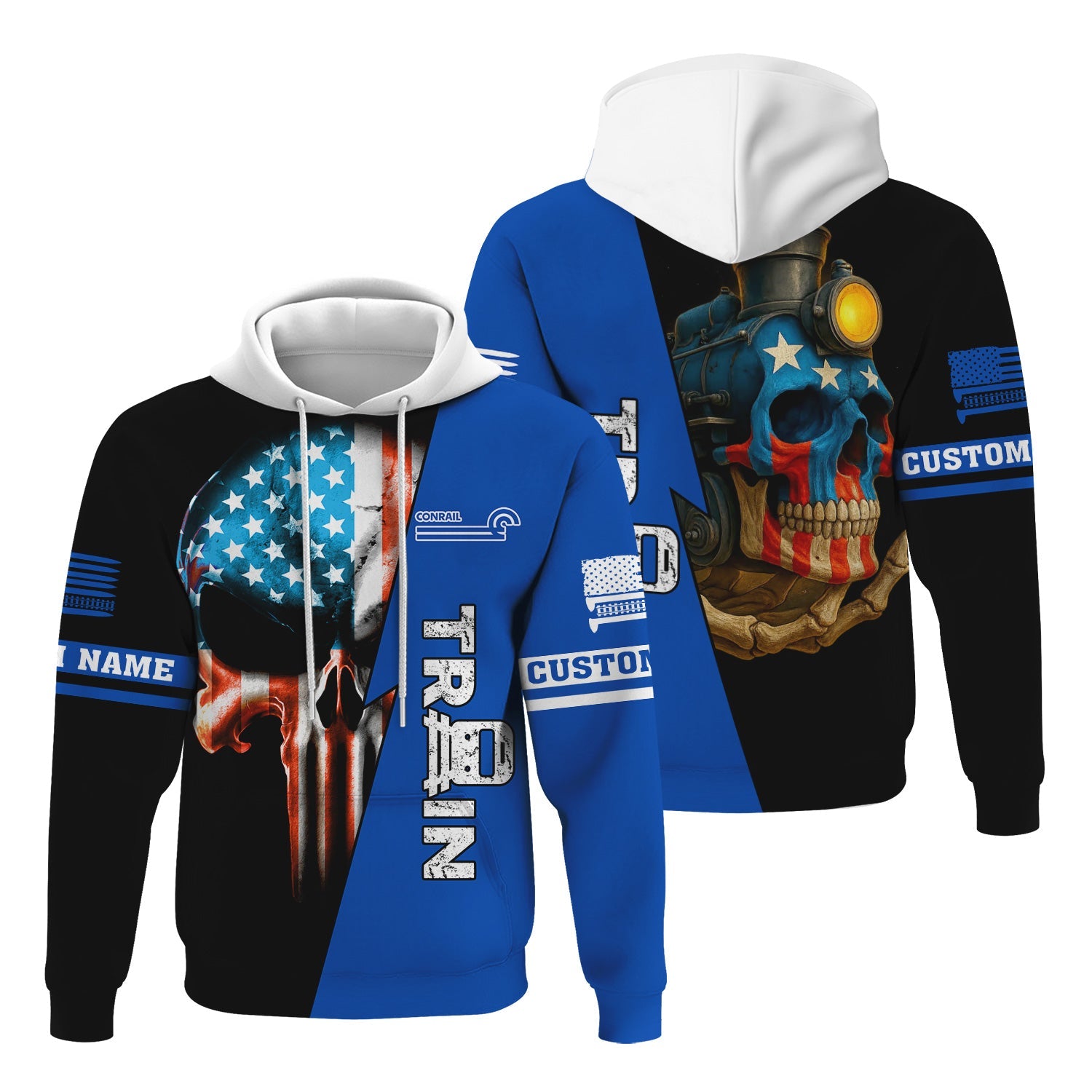 Railspirit Personalized Conrail Railroad Hoodie Train Skull American Flag Zip Up Hoodie All Over Print