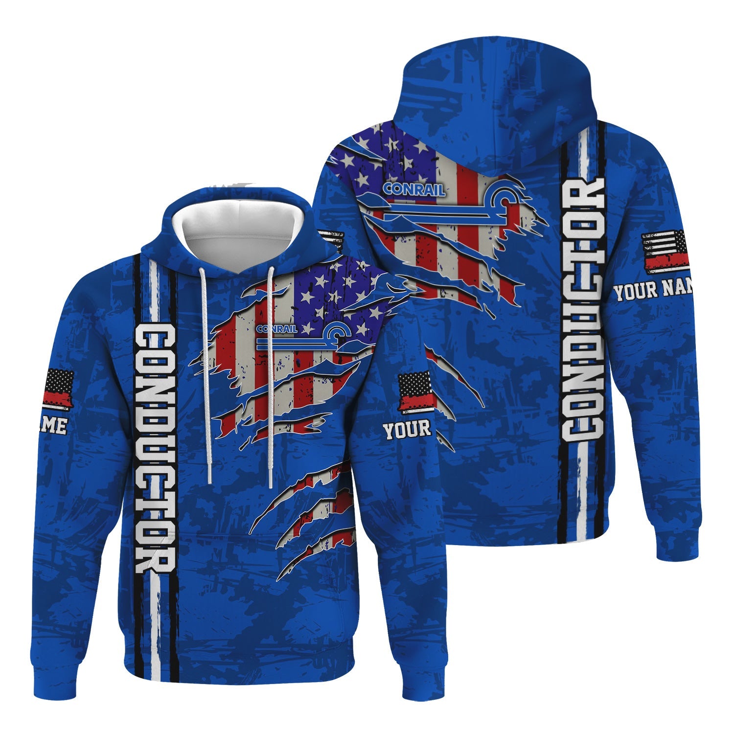Railspirit Personalized Conrail Railroad Hoodie USA Flag Claw Art with Custom Job Train Zip Up Hoodie