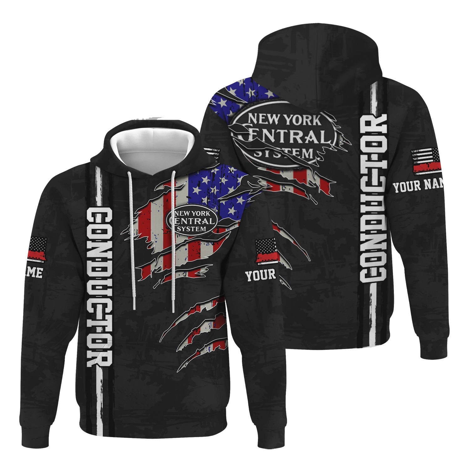 Railspirit Personalized New York Central Railroad Hoodie USA Flag Claw Art with Custom Job Train Zip Up Hoodie