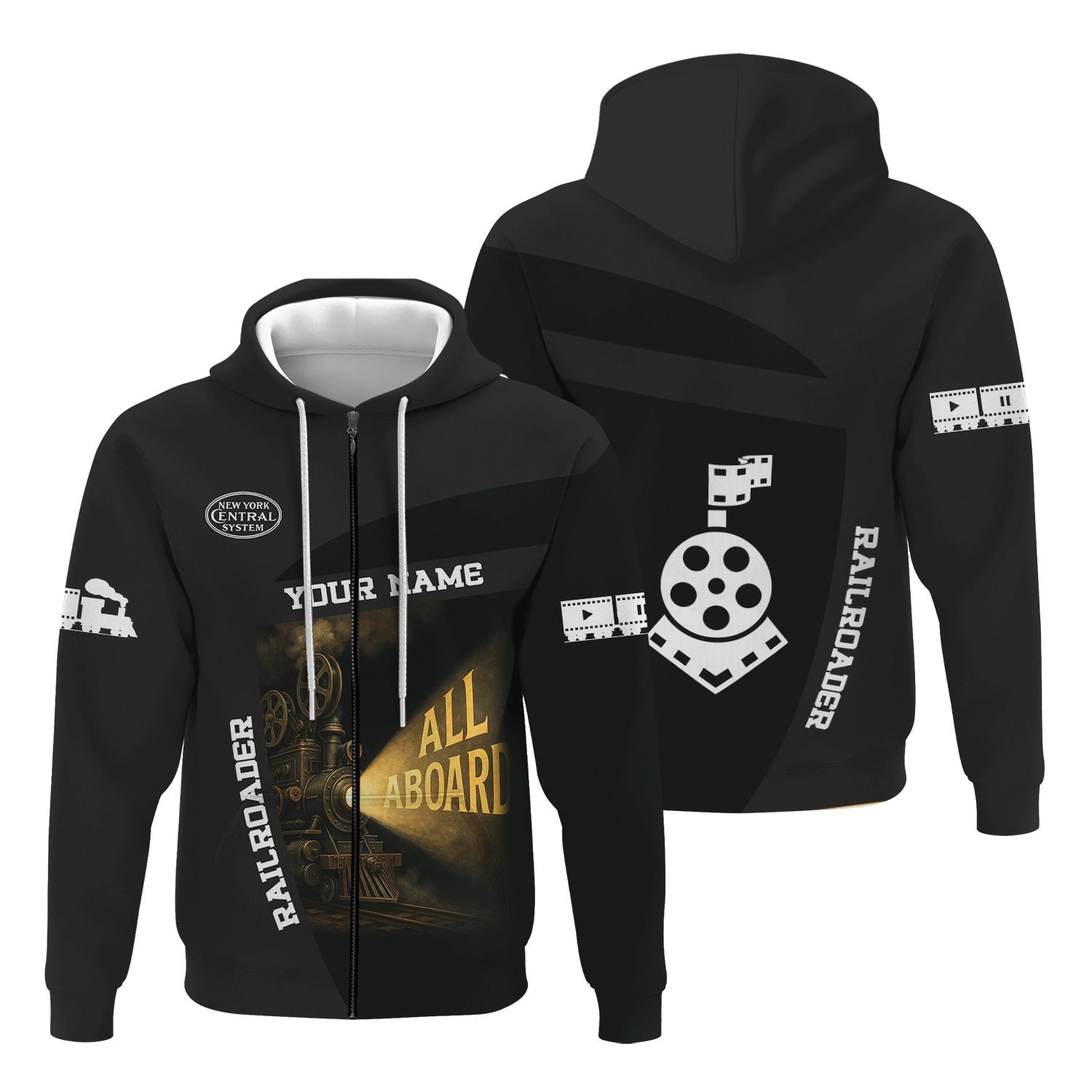 Railspirit Personalized New York Central Railroad Hoodie All Aboard Steam Train Movie Projector Style Zip Up Hoodie