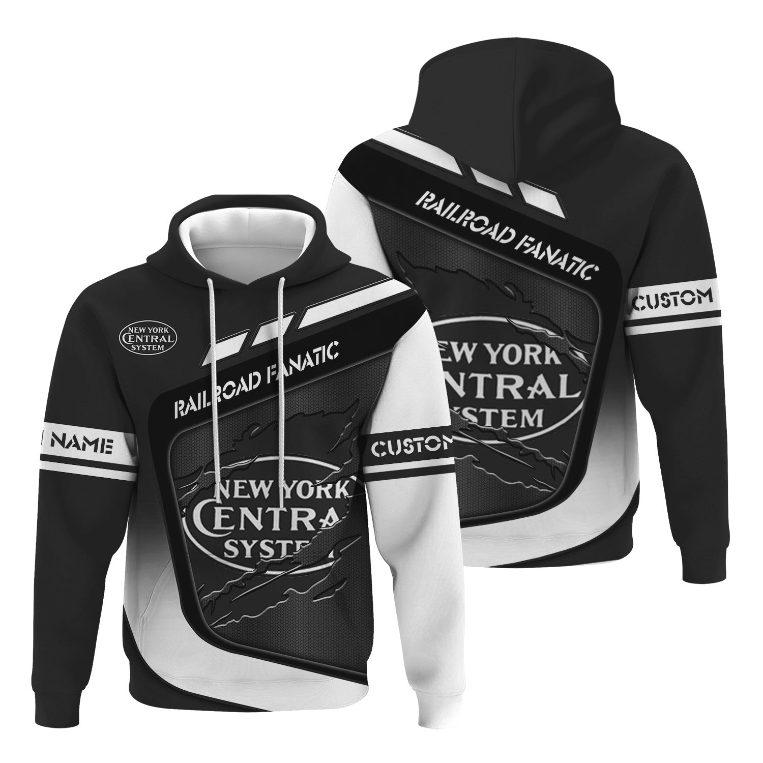 Railspirit Personalized New York Central Railroad Hoodie Ripped Texture Style Train Zip Up Hoodie For Railroad Fanatic