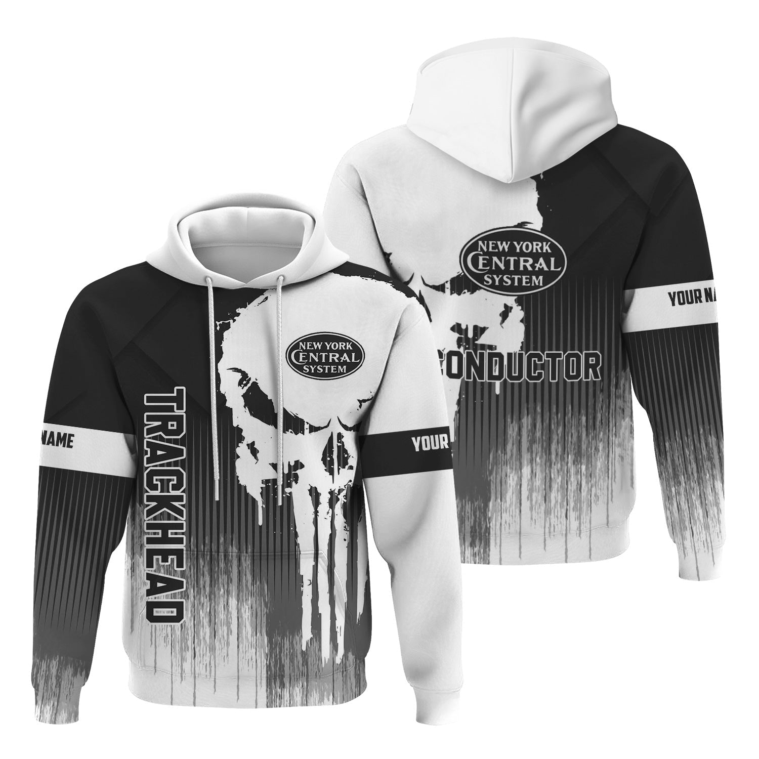 Railspirit Personalized New York Central Railroad Hoodie Skull Design with Custom Job Train Zip Up Hoodie for Trackhead Crew