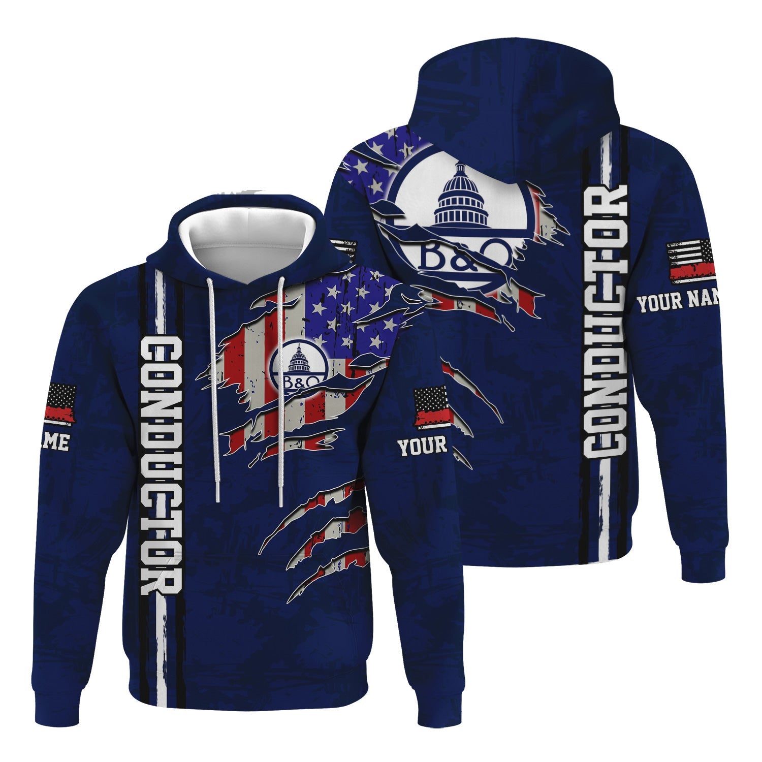 Railspirit Personalized Baltimore and Ohio Railroad Hoodie USA Flag Claw Art with Custom Job B&O Train Zip Up Hoodie