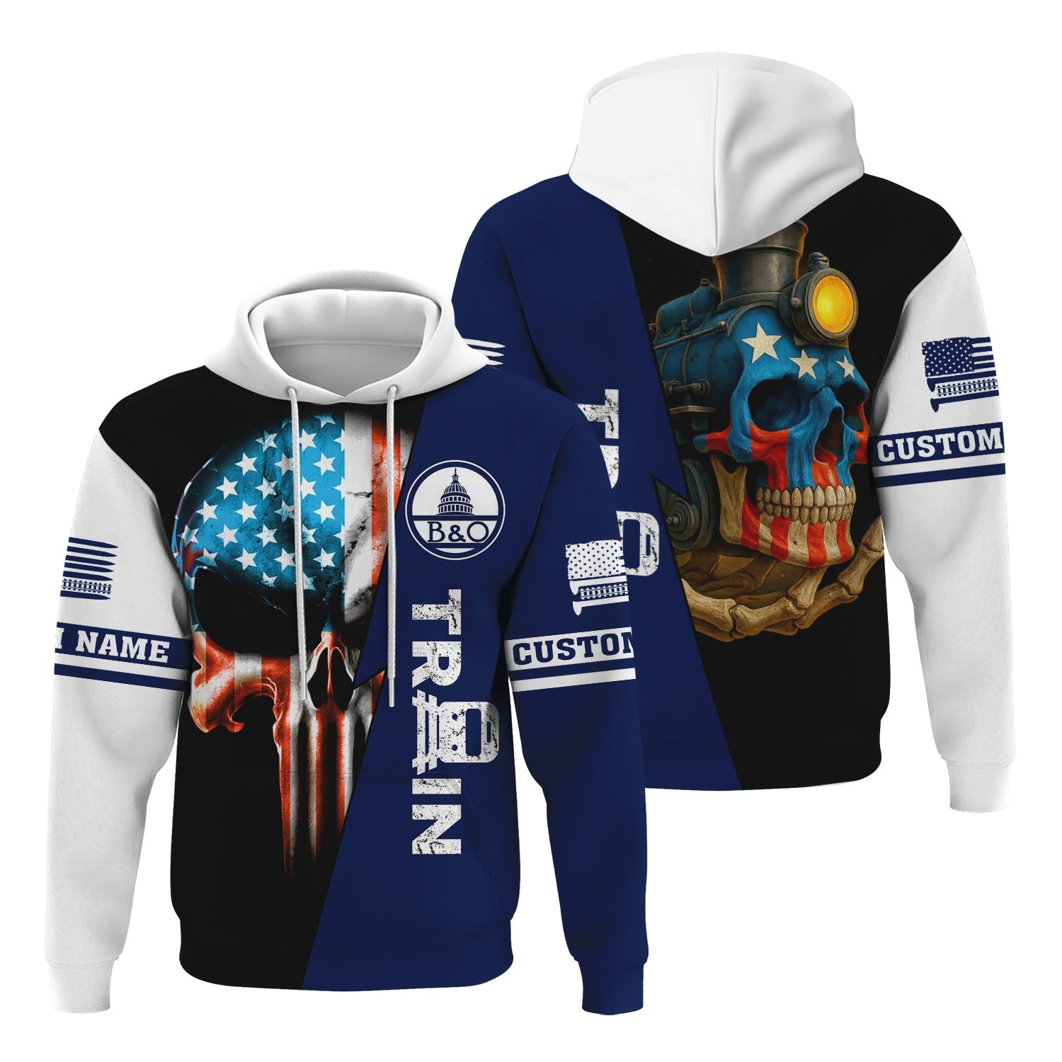 Railspirit Personalized Baltimore and Ohio Railroad Hoodie Train Skull American Flag B&O Zip Up Hoodie All Over Print
