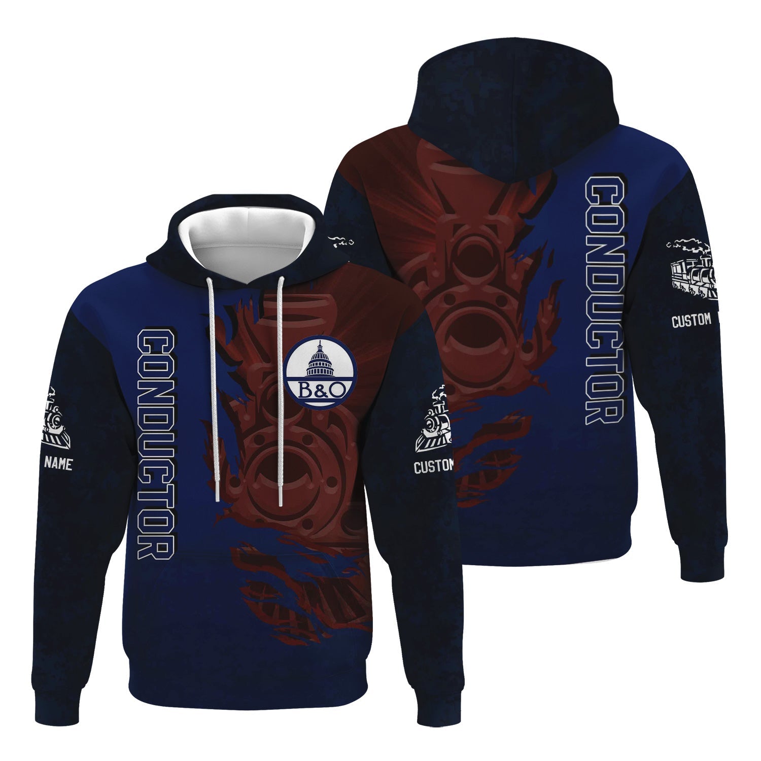 Railspirit Personalized Baltimore and Ohio Railroad Hoodie Blazing Style with Custom Position B&O Train Zip Up Hoodie