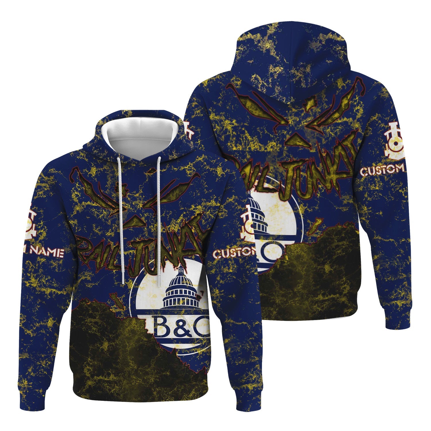 Railspirit Personalized Baltimore and Ohio Railroad Hoodie Torn Graphic Style B&O Train Zip Up Hoodie For Rail Junkie