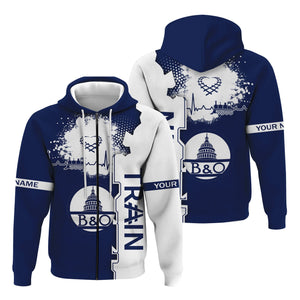 Railspirit Personalized Baltimore and Ohio Railroad Hoodie Engine Heartbeat and Track Love Style B&O Zip Up Hoodie Gift Idea For Train Lovers