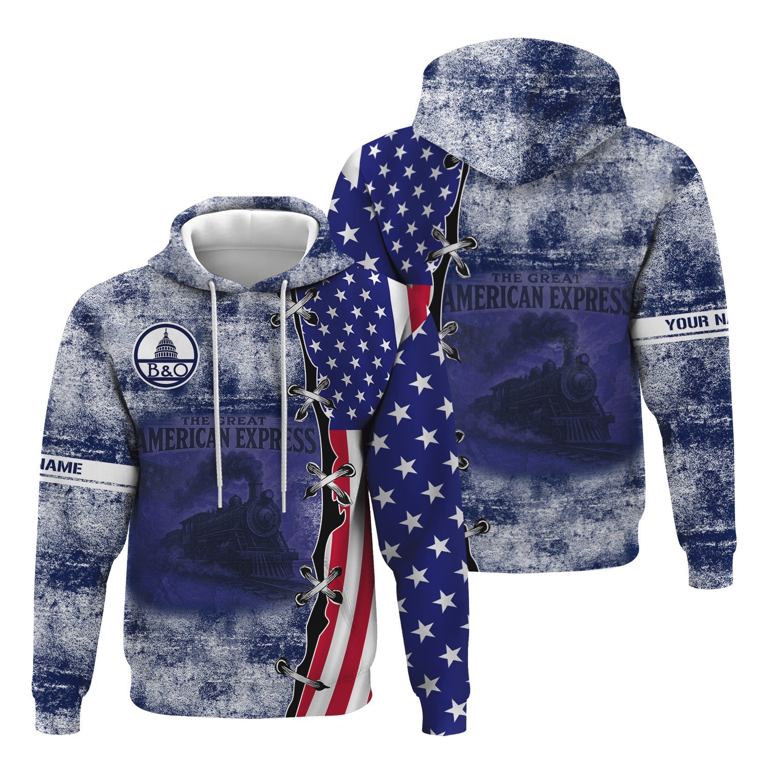 Railspirit Personalized Baltimore and Ohio Railroad Hoodie Retro American Express Train With USA Flag B&O Zip Up Hoodie