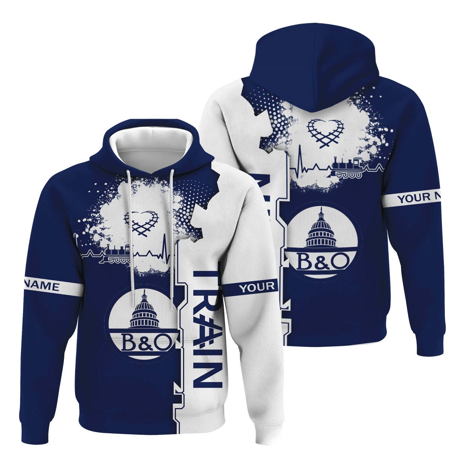 Railspirit Personalized Baltimore and Ohio Railroad Hoodie Engine Heartbeat and Track Love Style B&O Zip Up Hoodie Gift Idea For Train Lovers