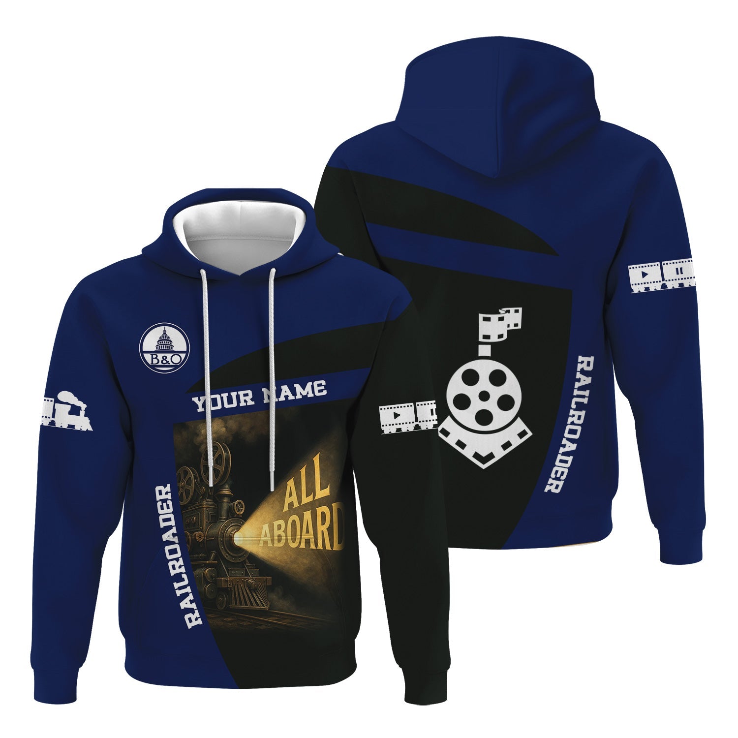 Railspirit Personalized Baltimore and Ohio Railroad Hoodie All Aboard Steam Train Movie Projector Style B&O Zip Up Hoodie