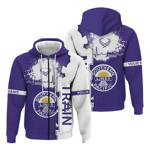 Railspirit Personalized Southern Pacific Railroad Hoodie Engine Heartbeat and Track Love Style Zip Up Hoodie Gift Idea For Train Lovers