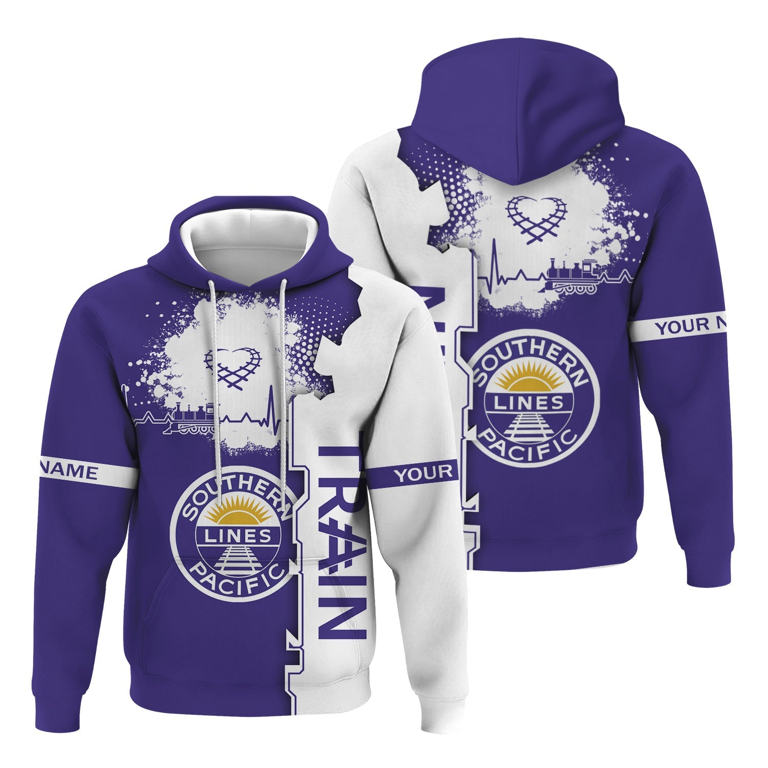 Railspirit Personalized Southern Pacific Railroad Hoodie Engine Heartbeat and Track Love Style Zip Up Hoodie Gift Idea For Train Lovers