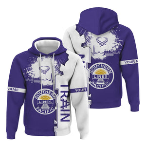 Railspirit Personalized Southern Pacific Railroad Hoodie Engine Heartbeat and Track Love Style Zip Up Hoodie Gift Idea For Train Lovers