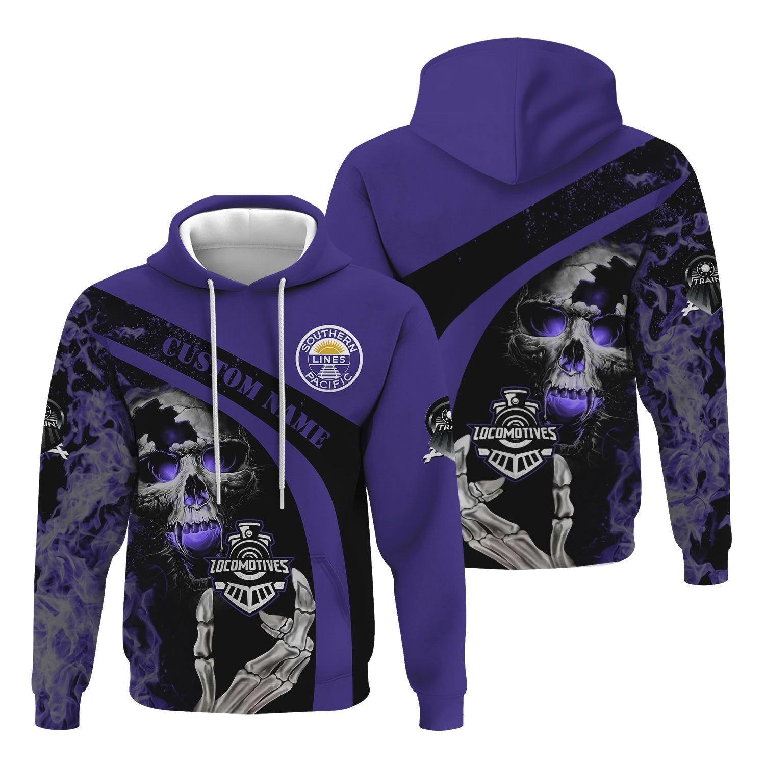 Railspirit Personalized Southern Pacific Railroad Hoodie Flame Skull Design Train Zip Up Hoodie for Locomotive Fans
