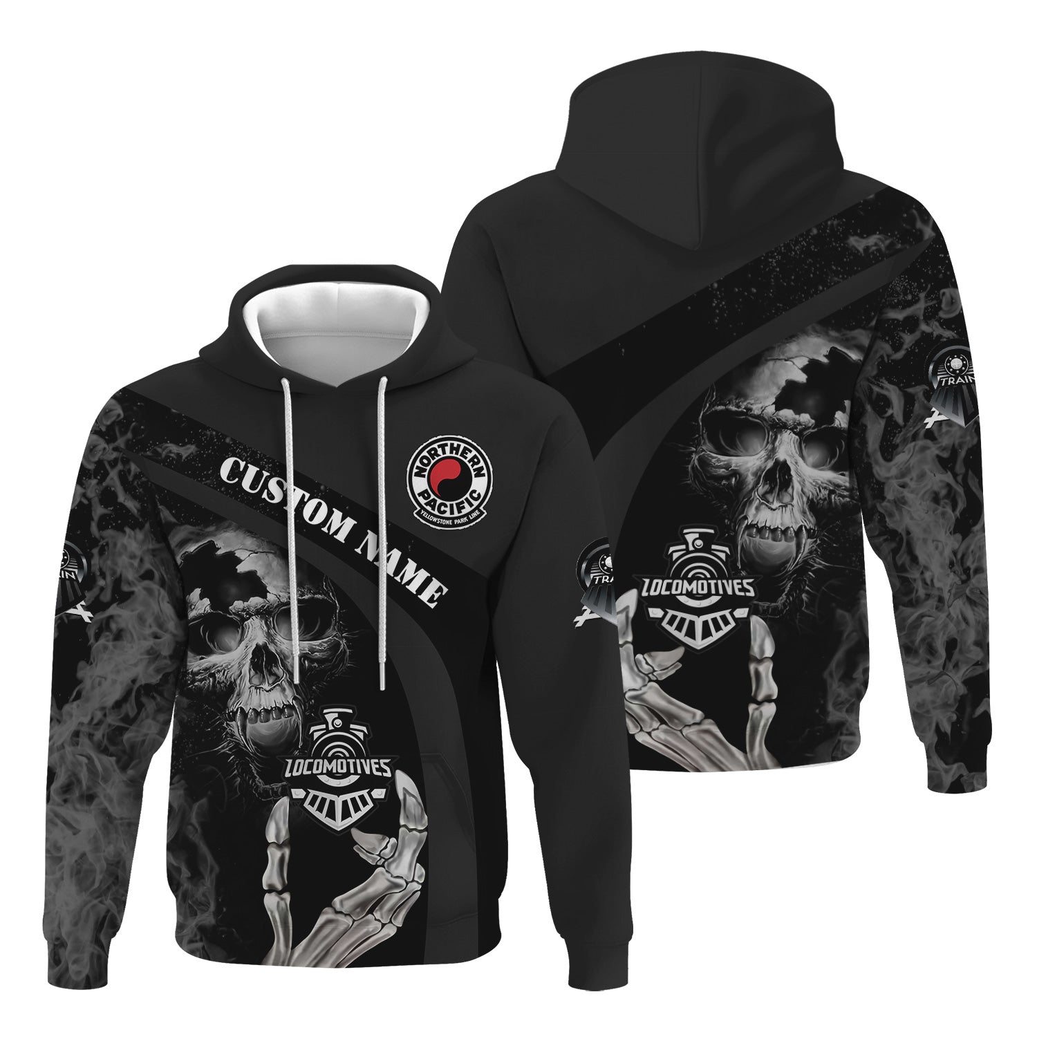 Railspirit Personalized Northern Pacific Railway Hoodie Flame Skull Design Train Zip Up Hoodie for Locomotive Fans