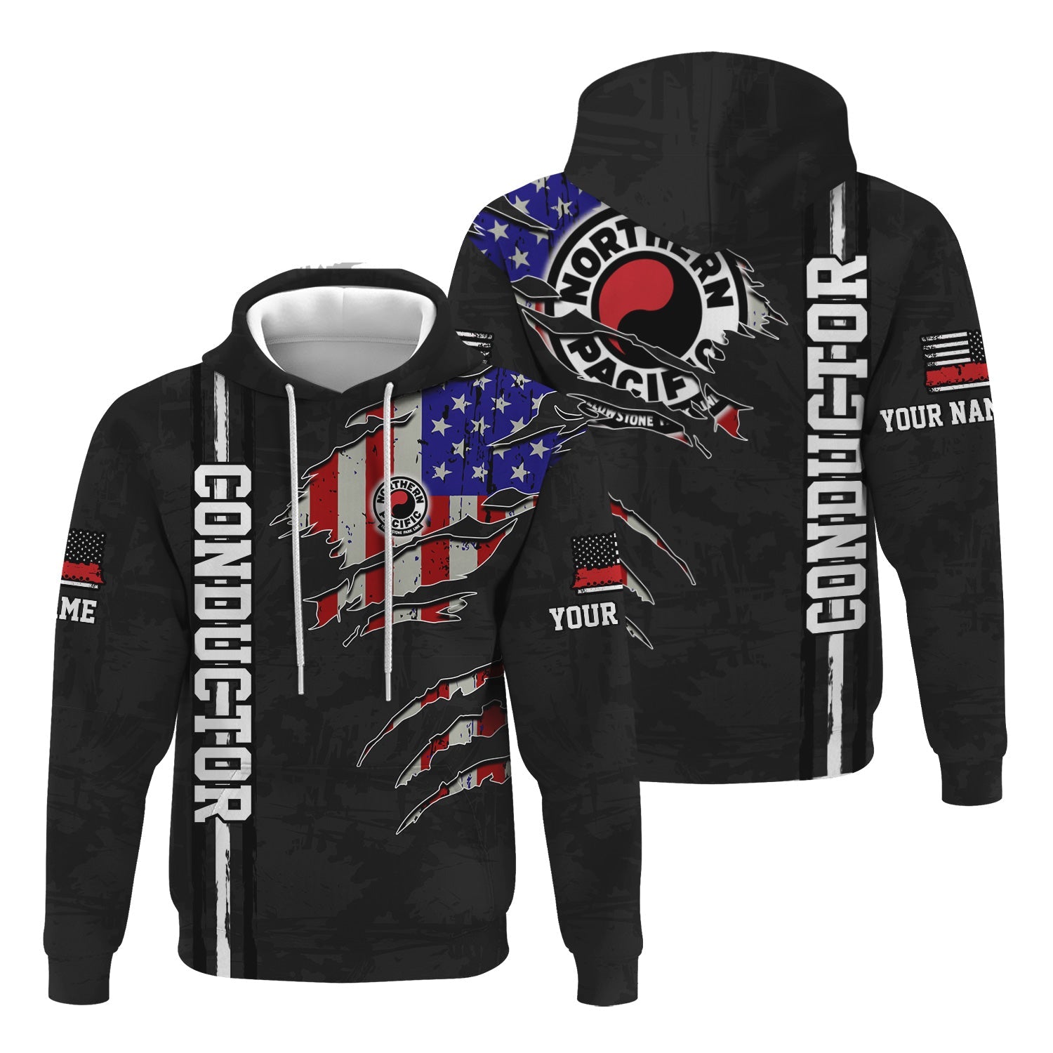 Railspirit Personalized Northern Pacific Railway Hoodie USA Flag Claw Art with Custom Job Train Zip Up Hoodie