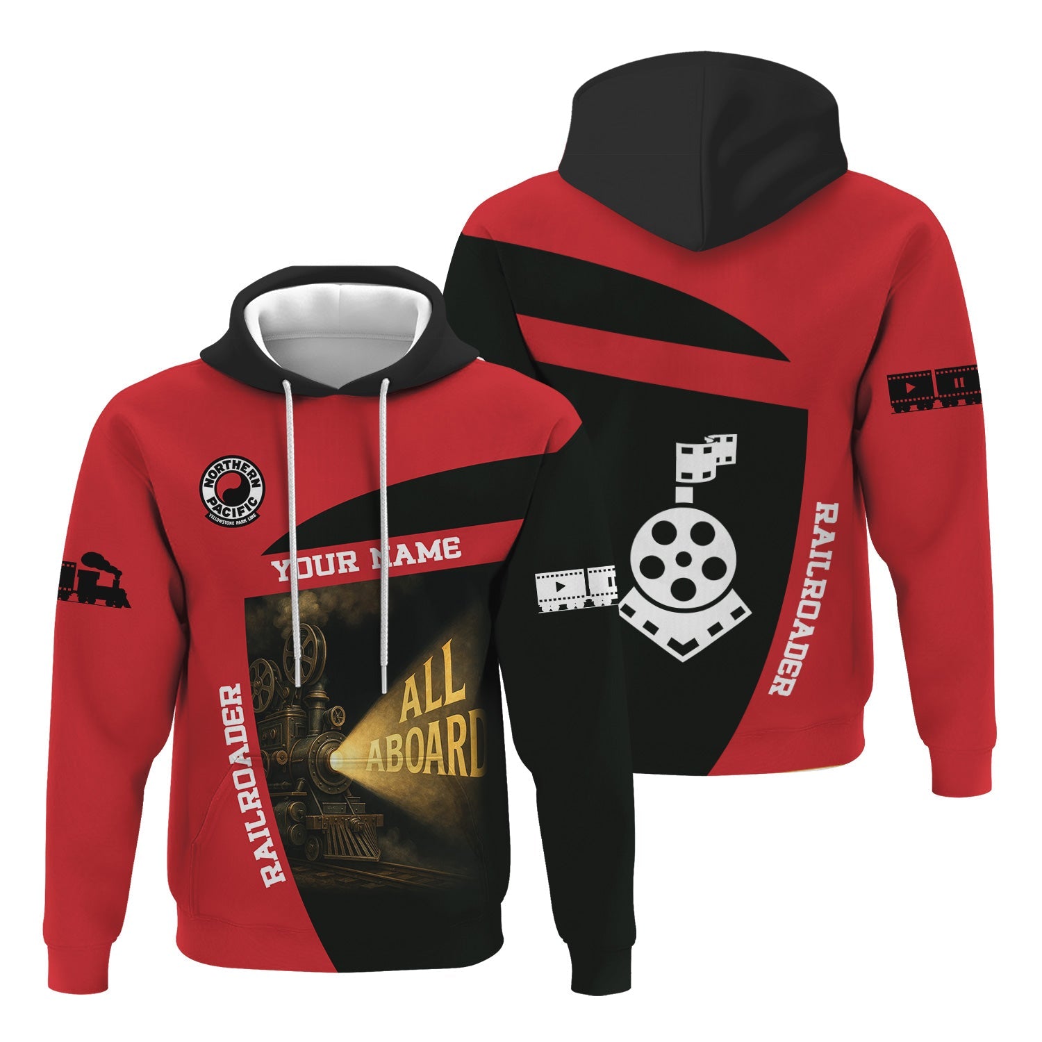 Railspirit Personalized Northern Pacific Railway Hoodie All Aboard Steam Train Movie Projector Style Zip Up Hoodie