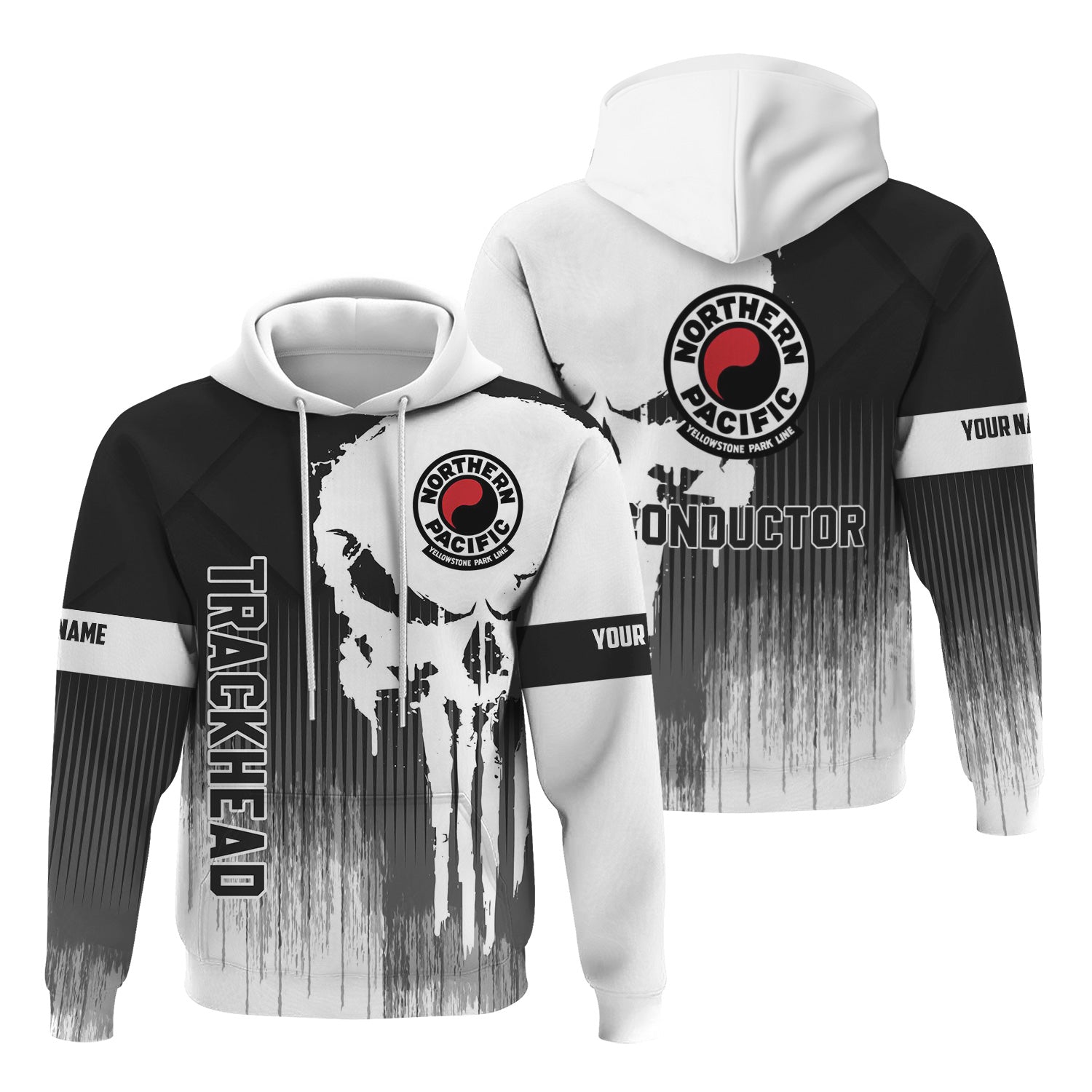 Railspirit Personalized Northern Pacific Railway Hoodie Skull Design with Custom Job Train Zip Up Hoodie for Trackhead Crew
