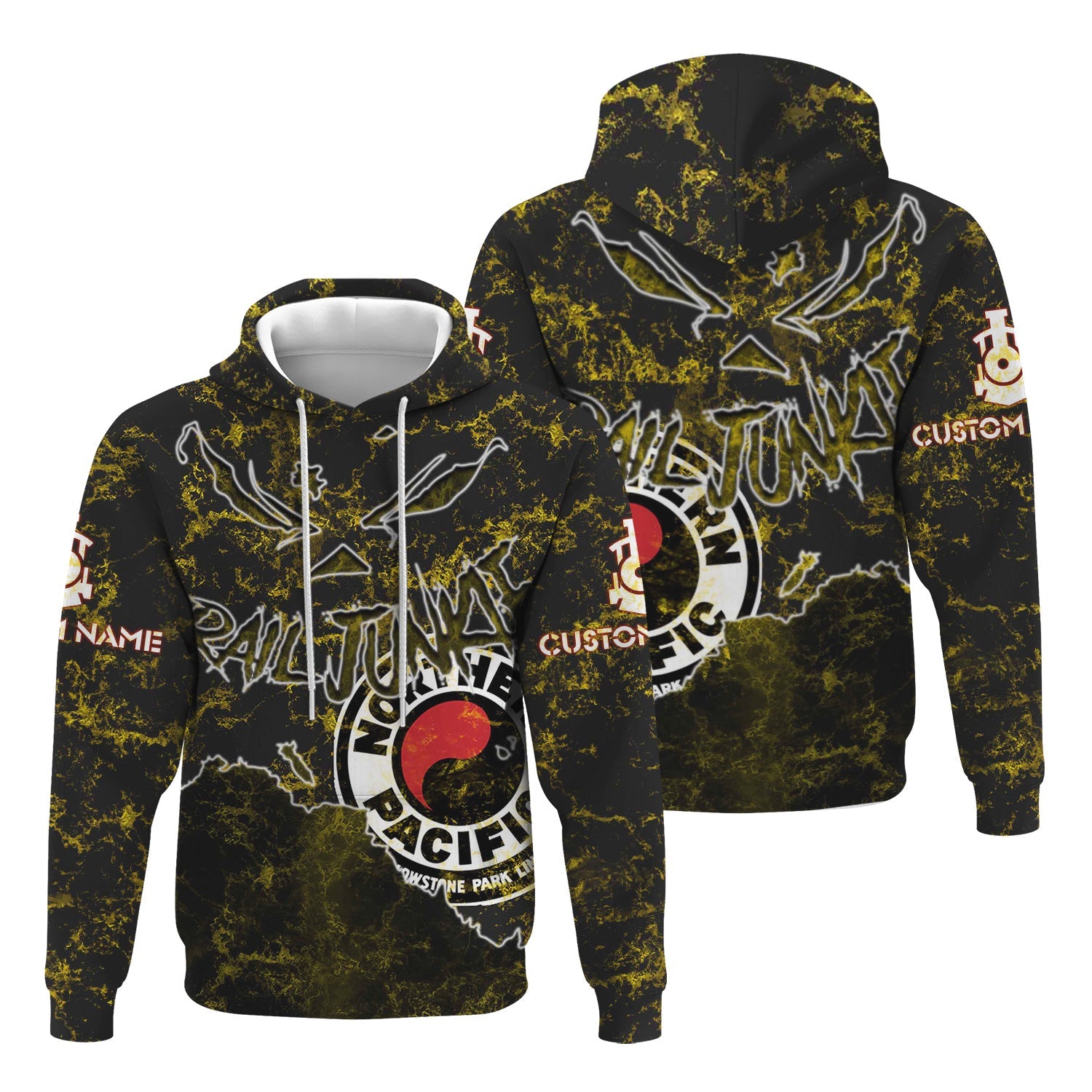 Railspirit Personalized Northern Pacific Railway Hoodie Torn Graphic Style Train Zip Up Hoodie For Rail Junkie