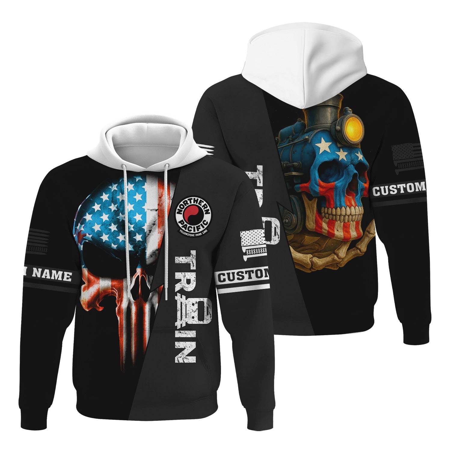 Railspirit Personalized Northern Pacific Railway Hoodie Train Skull American Flag Zip Up Hoodie All Over Print