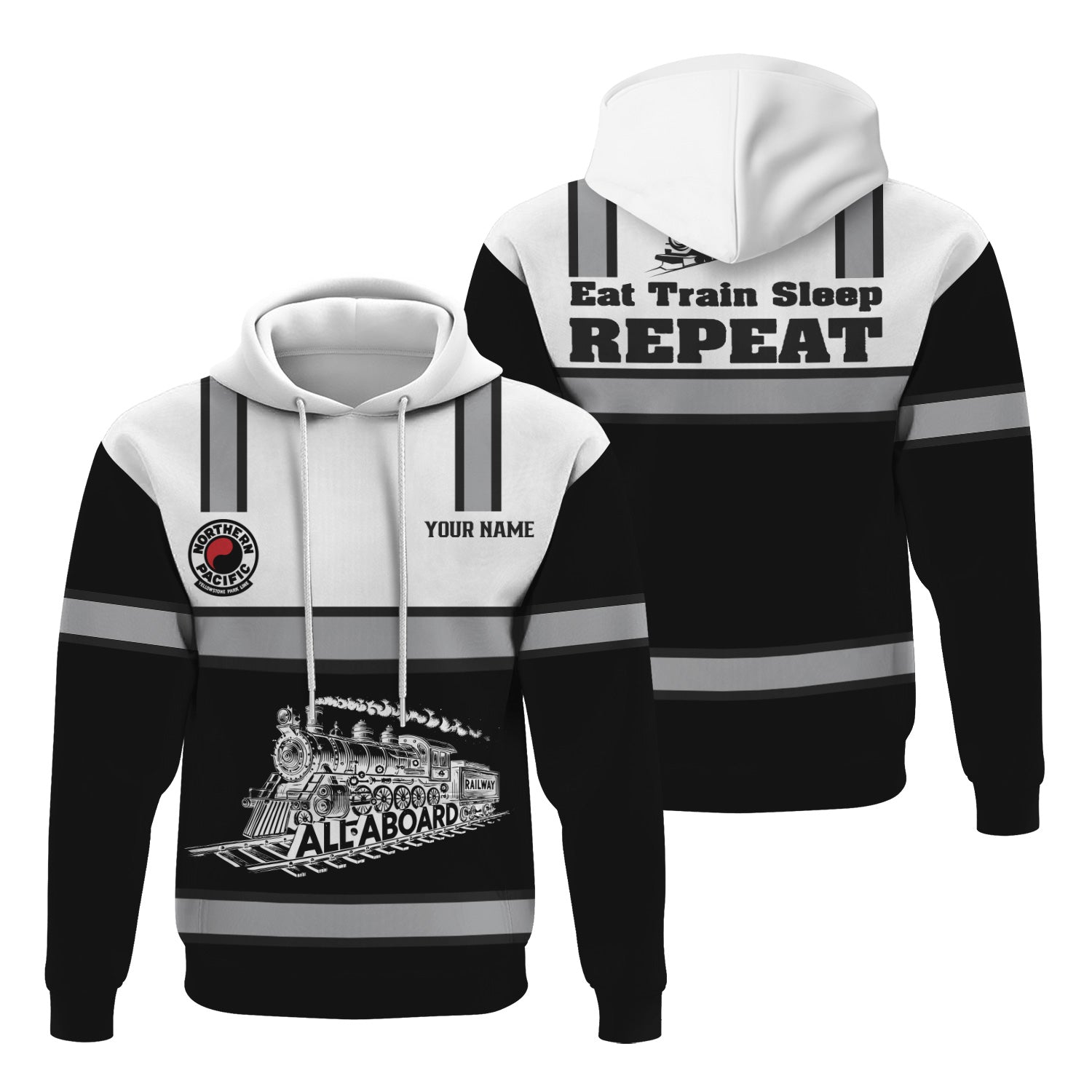 Railspirit Custom Name Northern Pacific Railway Hoodie Eat Train Sleep Repeat Printed Train Zip Hoodie