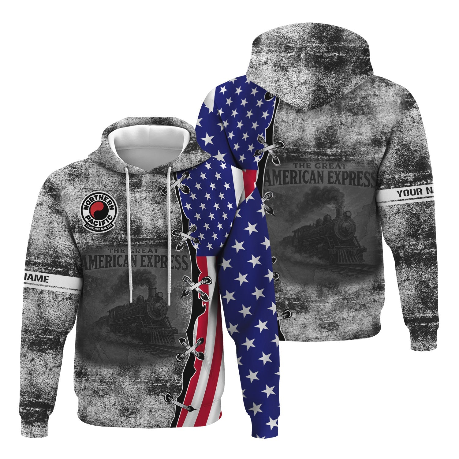 Railspirit Personalized Northern Pacific Railway Hoodie Retro American Express Train With USA Flag Zip Up Hoodie