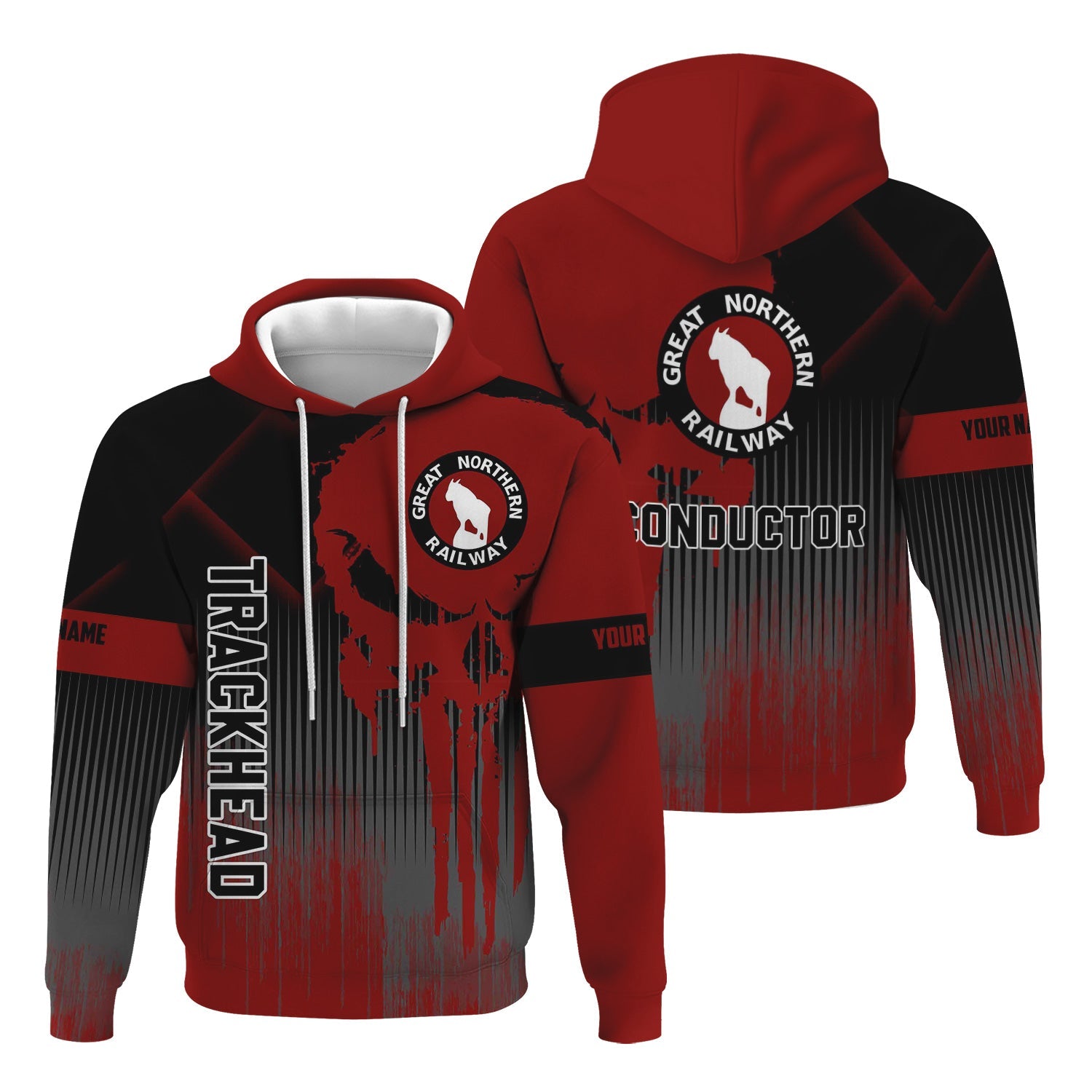 Railspirit Personalized Great Northern Railway Hoodie Skull Design with Custom Job GNR Train Zip Up Hoodie for Trackhead Crew